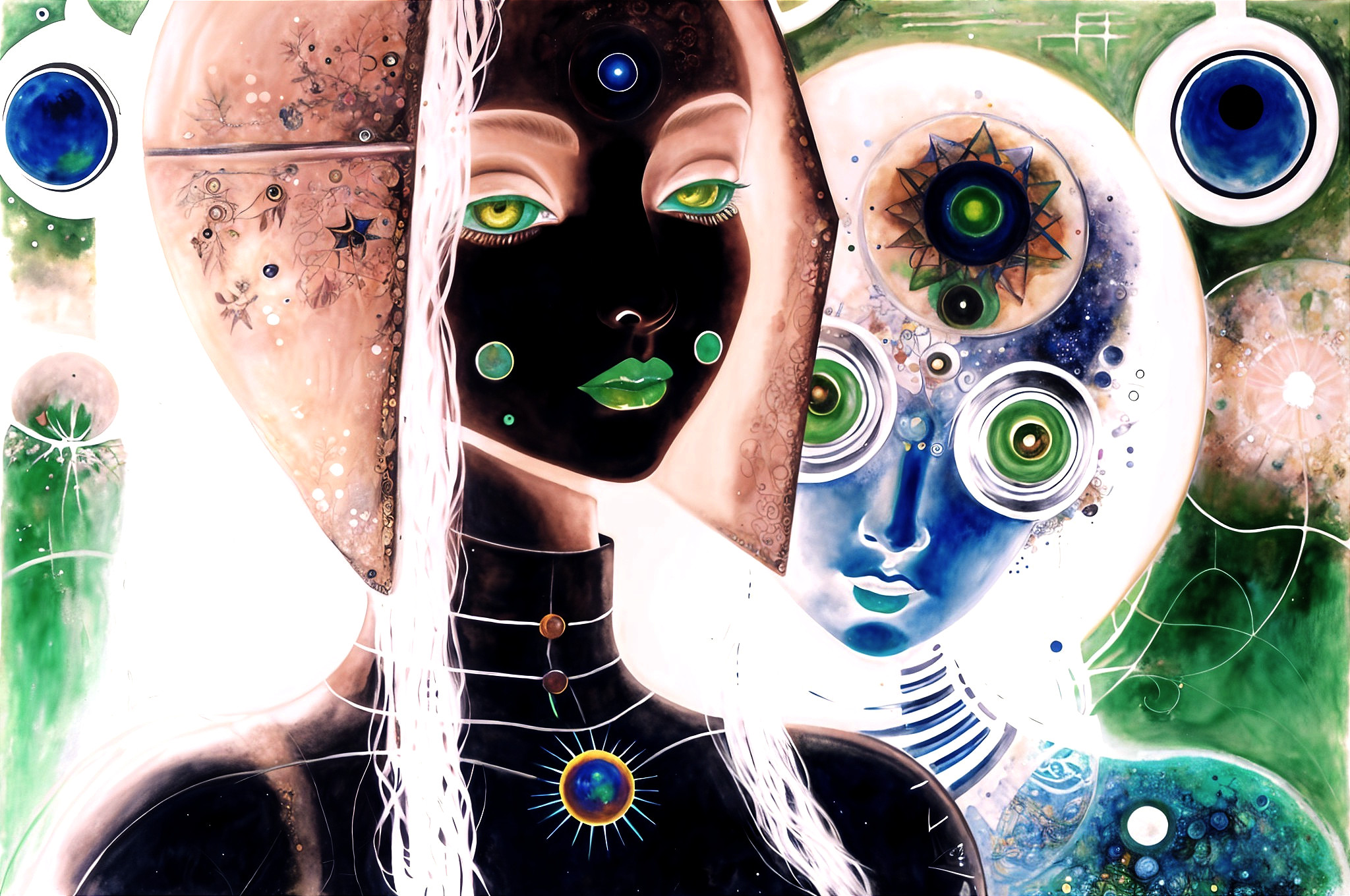 Stylized Figures with Distinct Features and Mystical Background
