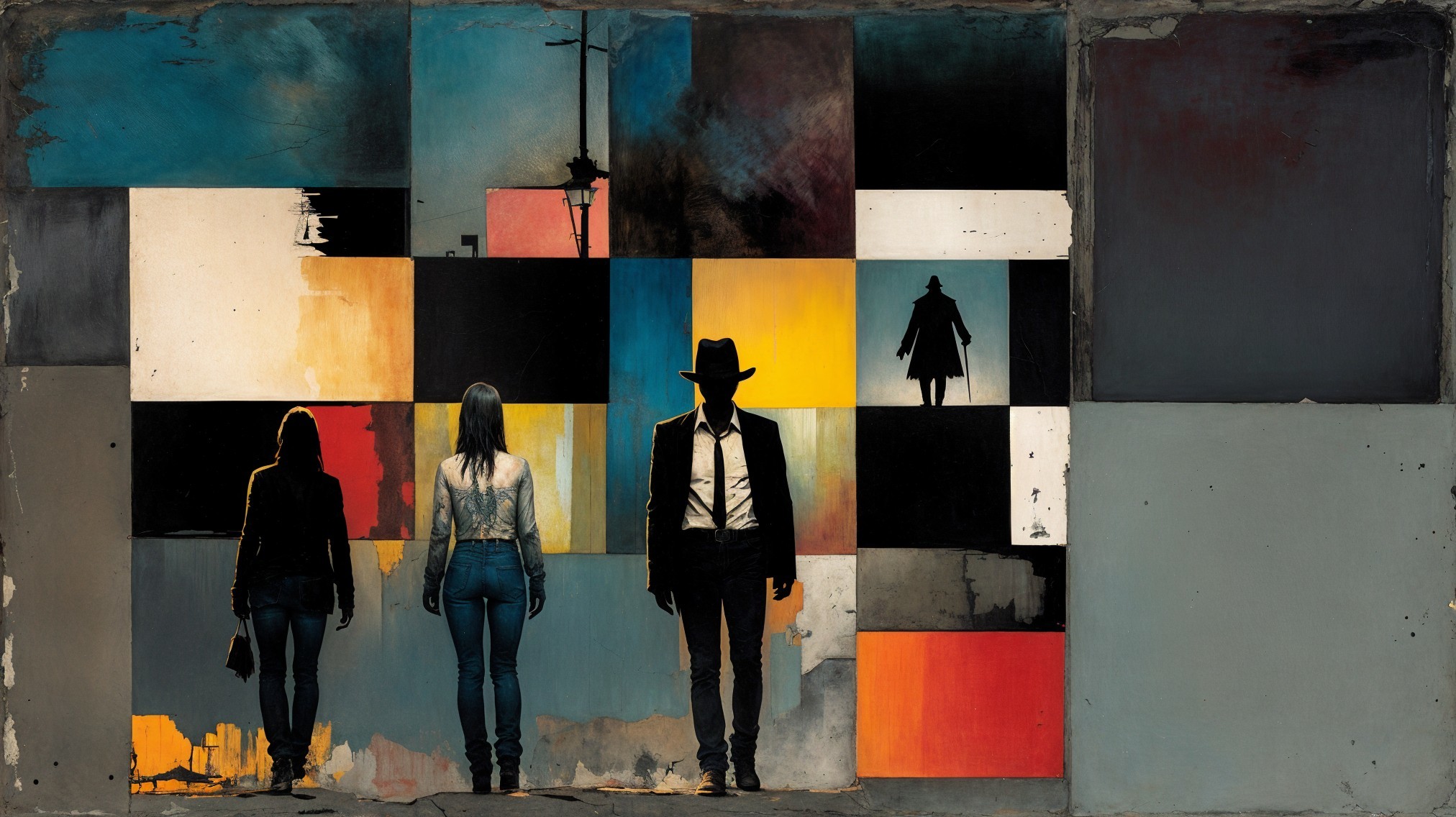 Silhouetted Figures in Vibrant Urban Scene
