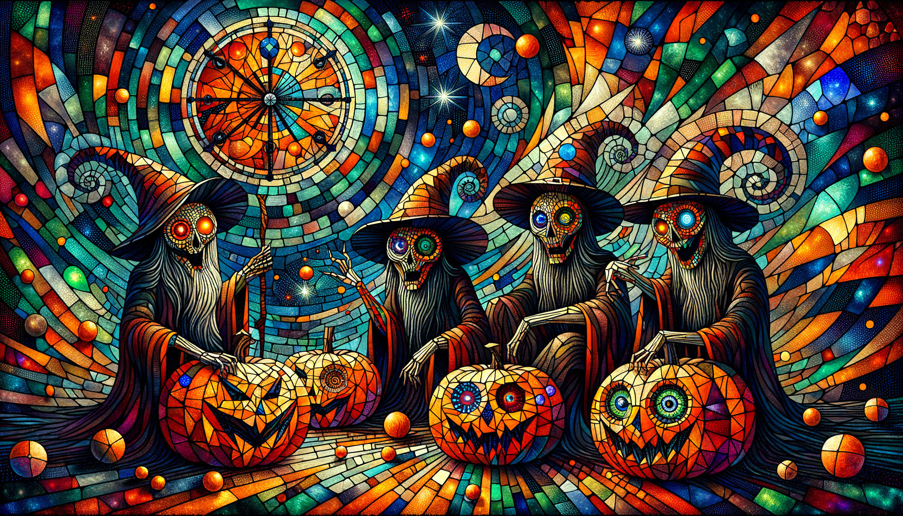 Psychedelic Illustration of Cloaked Figures with Pumpkins
