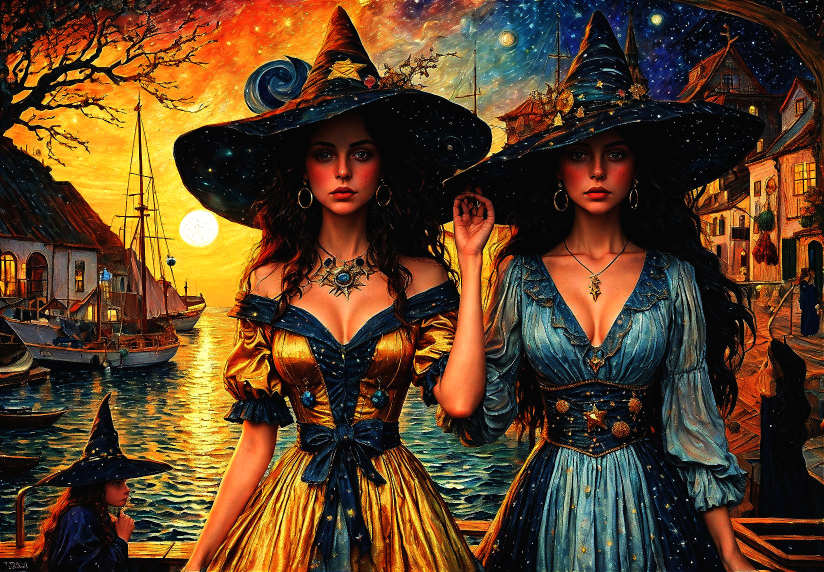 Enchanting Witches at Sunset by a Picturesque Harbor