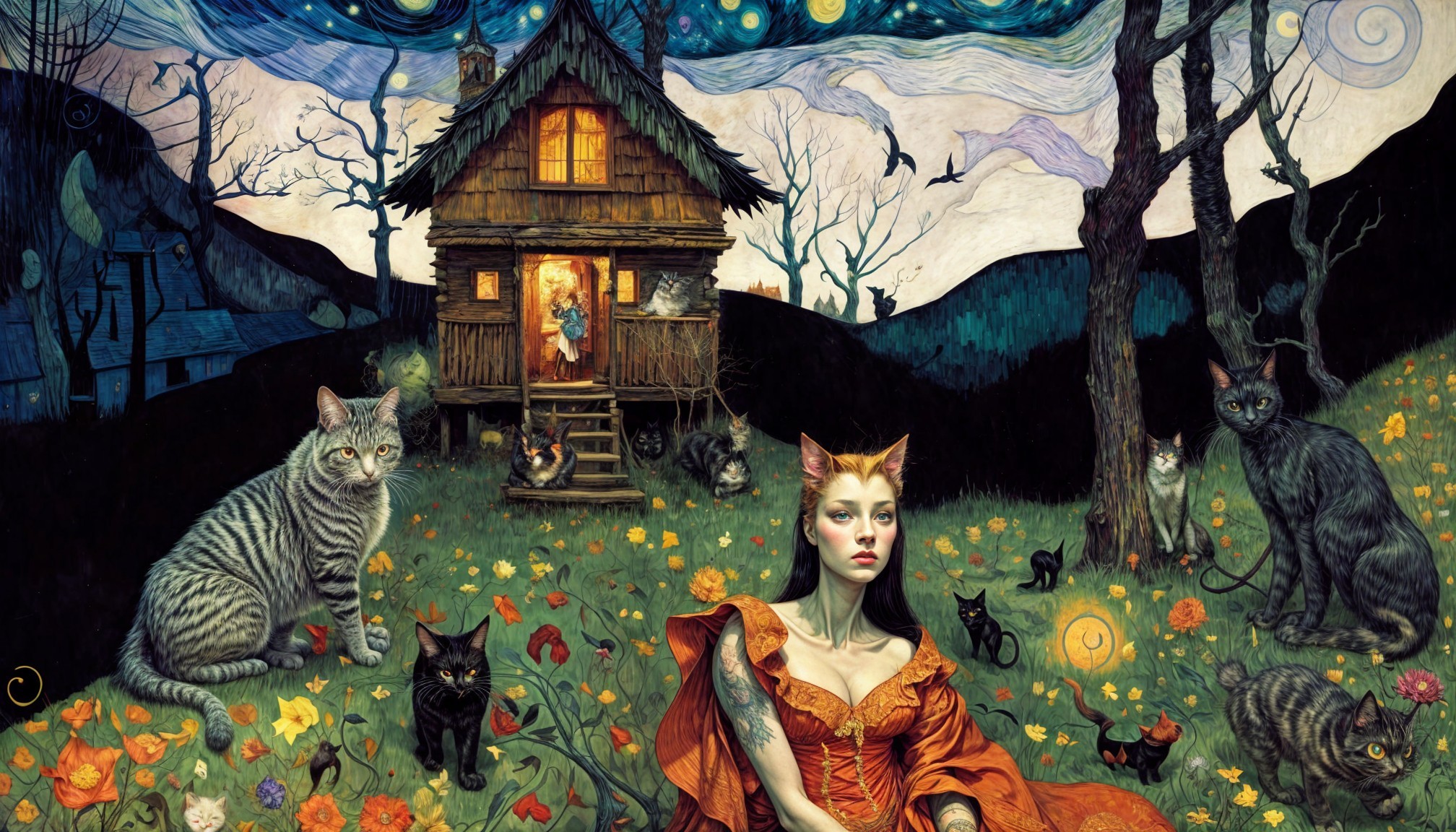Mystical Landscape with Woman in Orange Gown and Cats