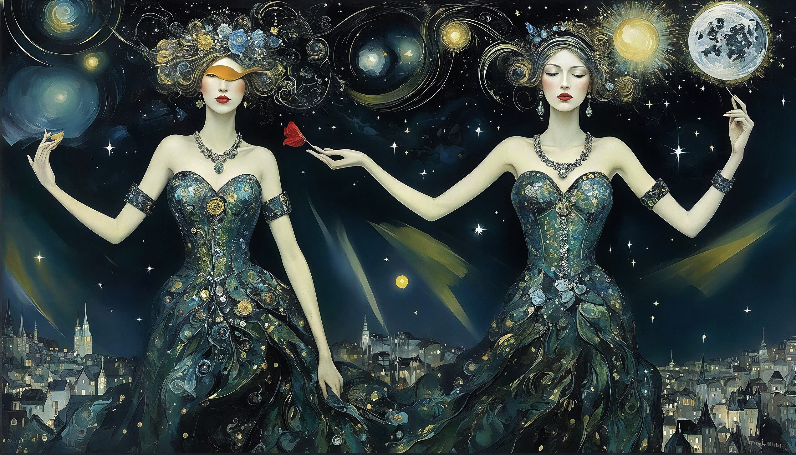 Two women in teal and gold dresses above a cityscape