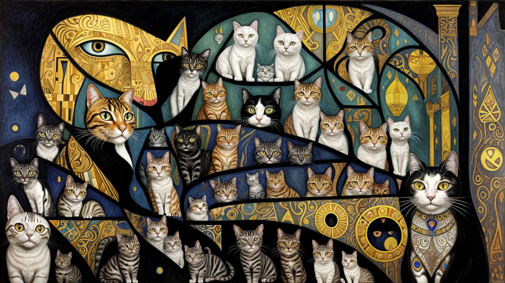 Intricate Artwork of Stylized Cat Silhouette and Patterns