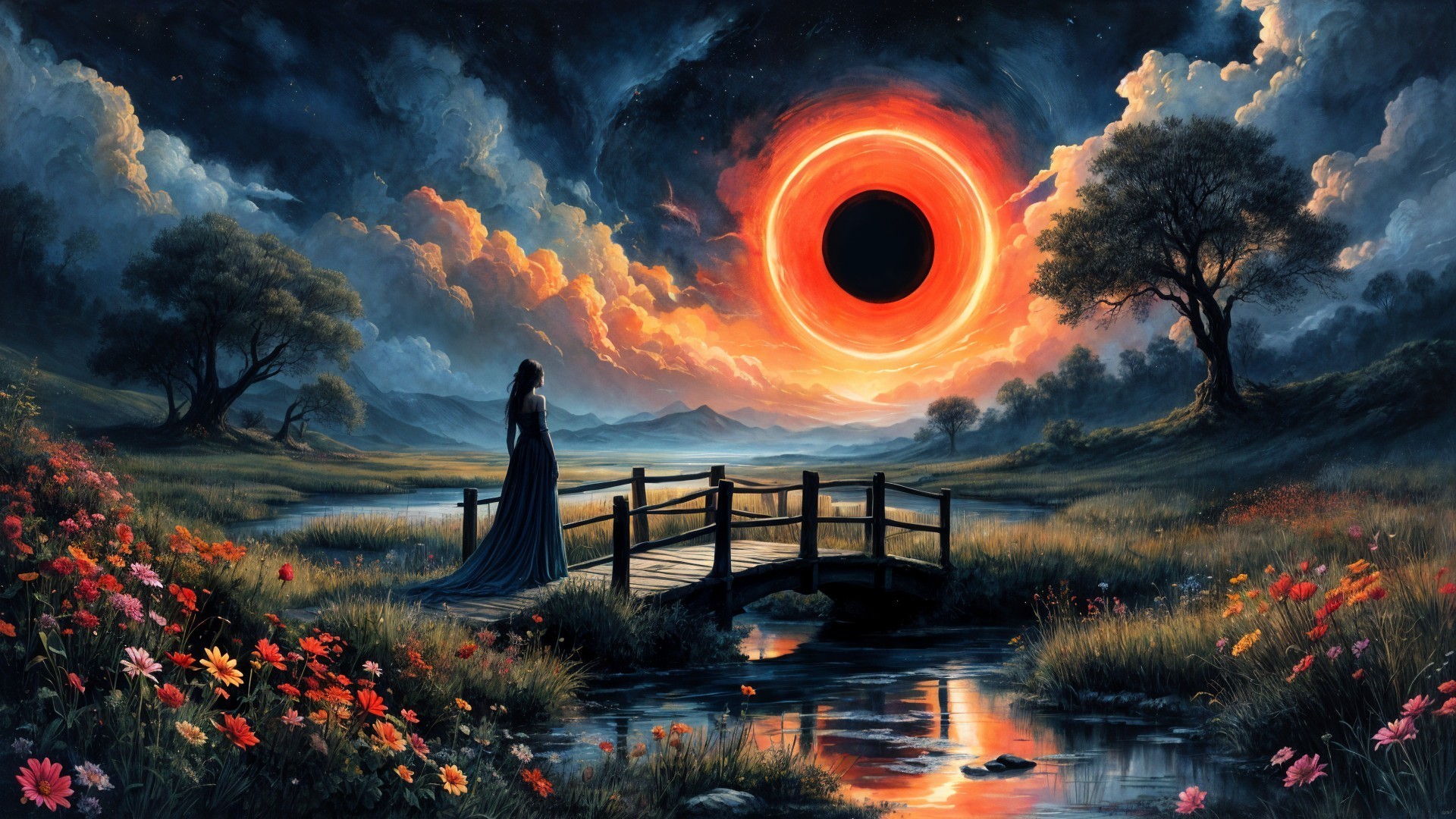 Serene landscape with woman on bridge and eclipse