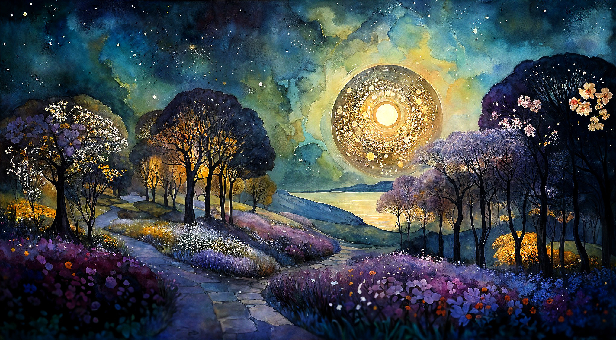 Serene landscape with winding path and starry sky