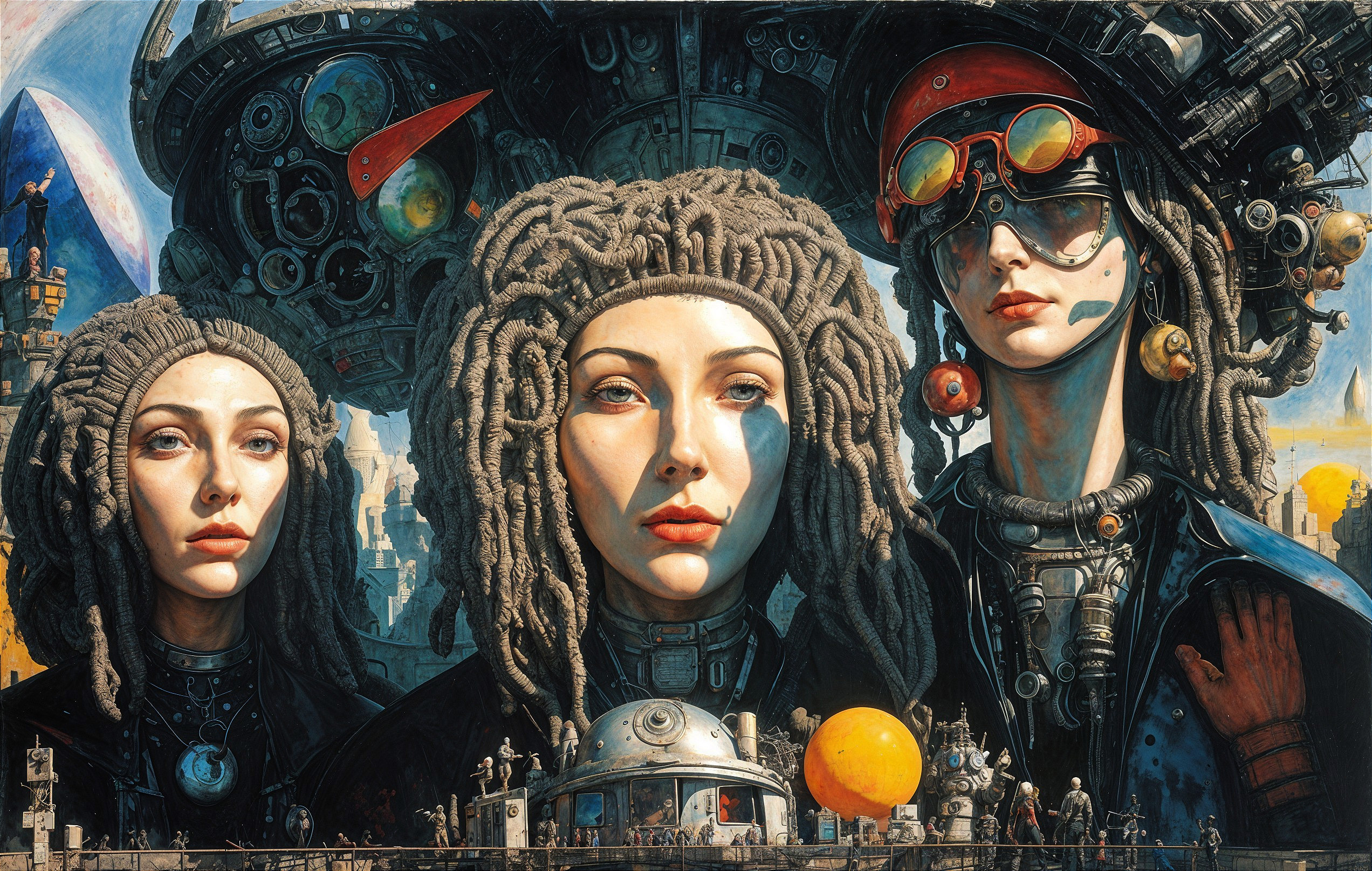 Futuristic Figures in Mechanical and Celestial Setting