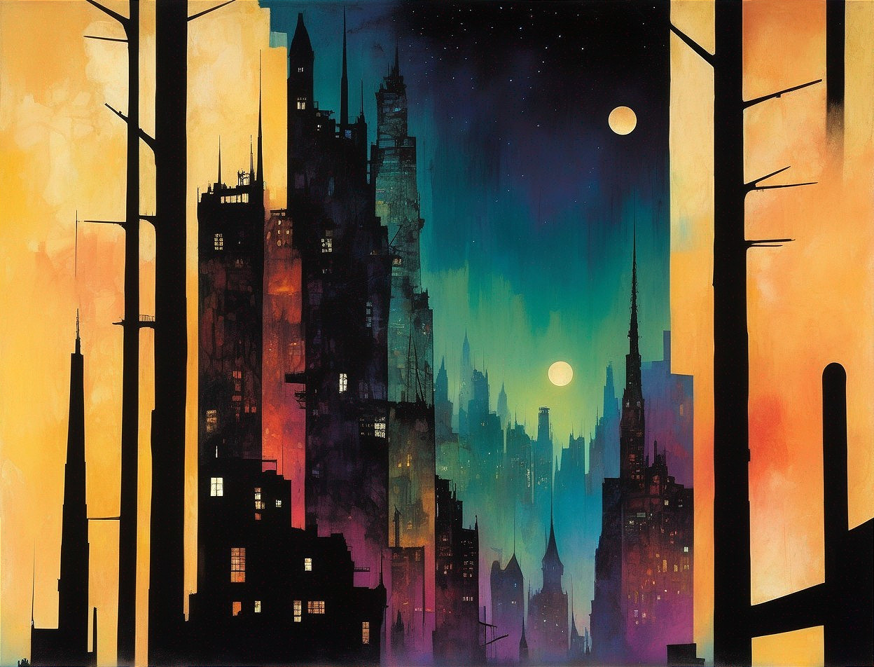 Cityscape at Night: Silhouette Buildings, Gradient Sky, Stars, and Moon
