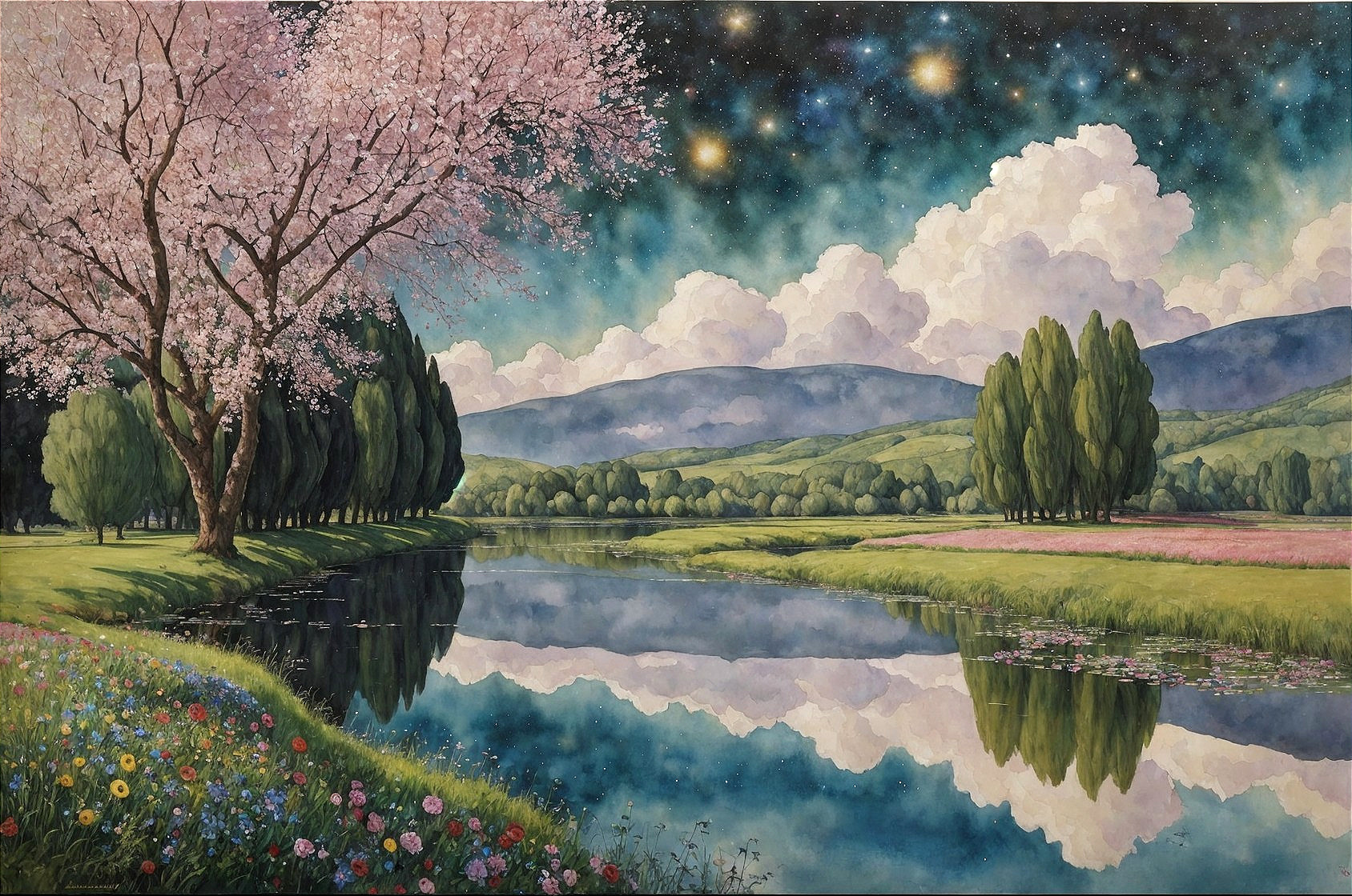 Tranquil River with Cherry Blossoms and Vibrant Sky