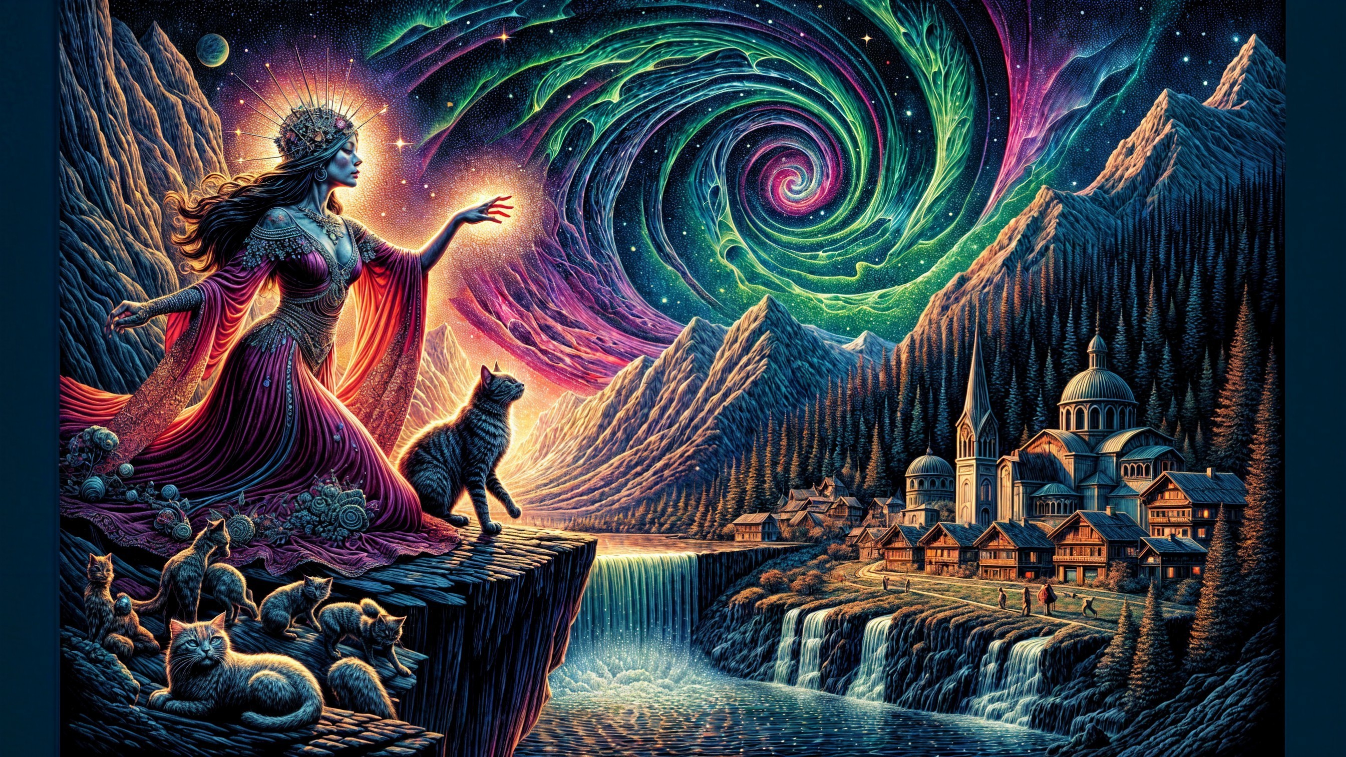 Goddess on Rocky Ledge with Vibrant Galaxy Above