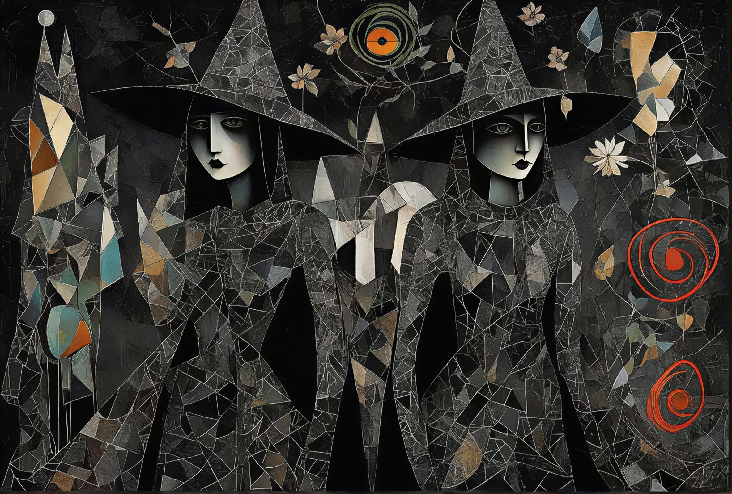 Stylized Witches with Geometric Features in Dark Setting