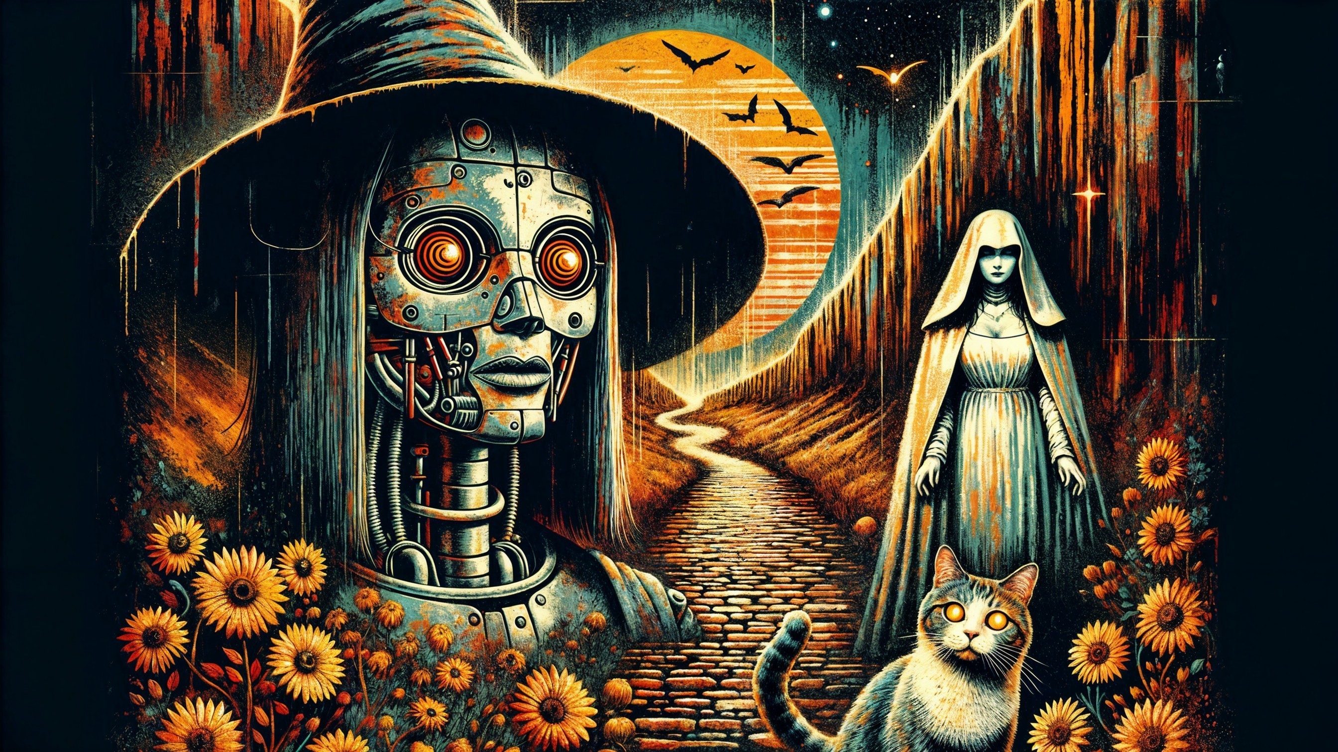 Surreal Landscape with Robotic and Ghostly Figures