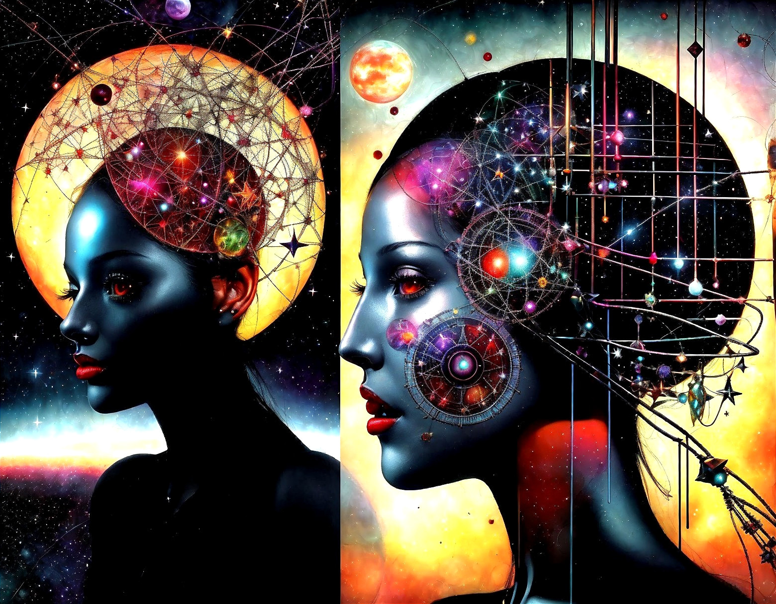 Cosmic Woman's Profile with Geometric Patterns