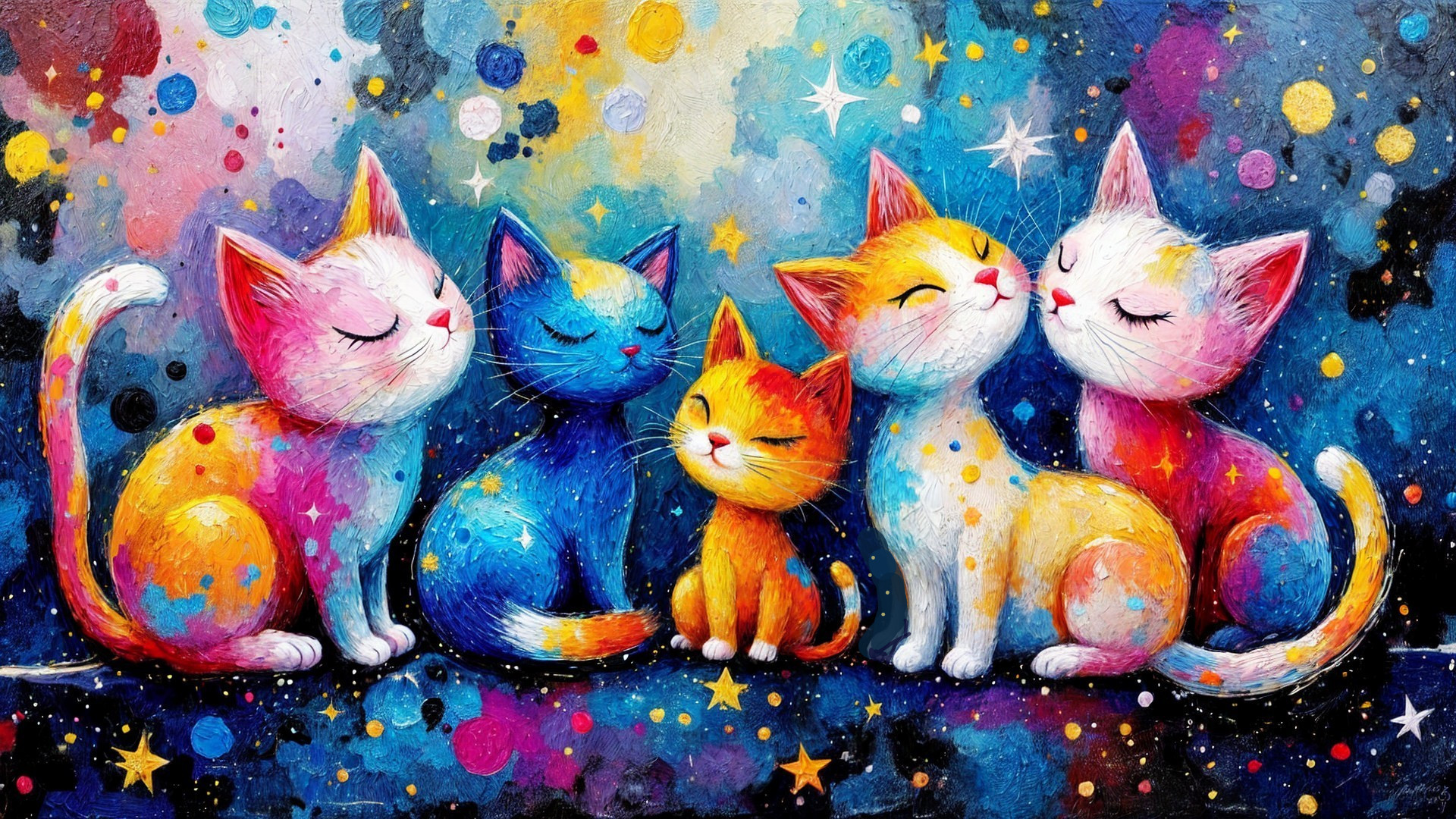 Vibrant Painting of Five Colorful Cats in Starry Scene