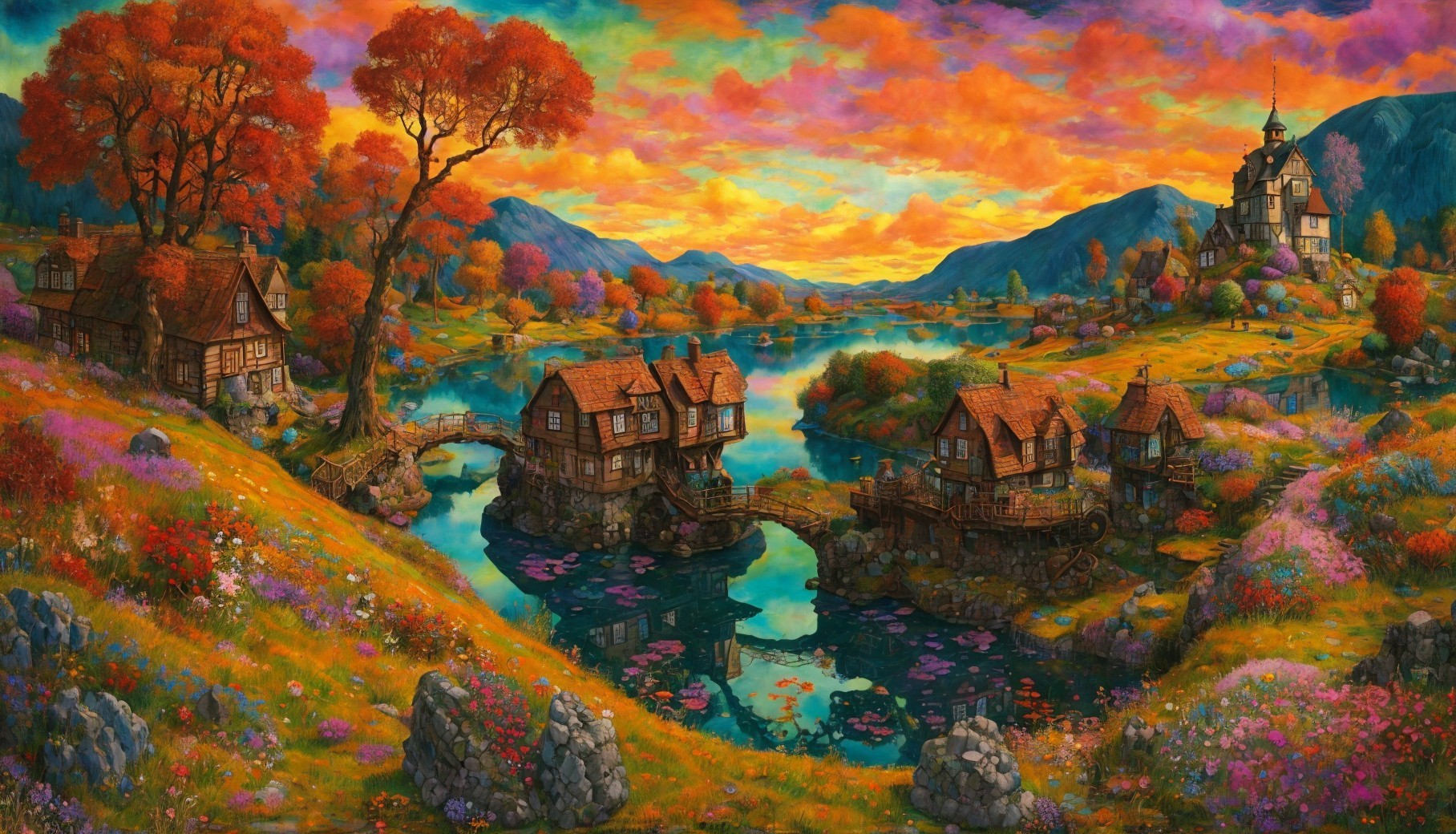 Colorful fantasy landscape with river, meadow, houses on stilts, castle, and sunset sky