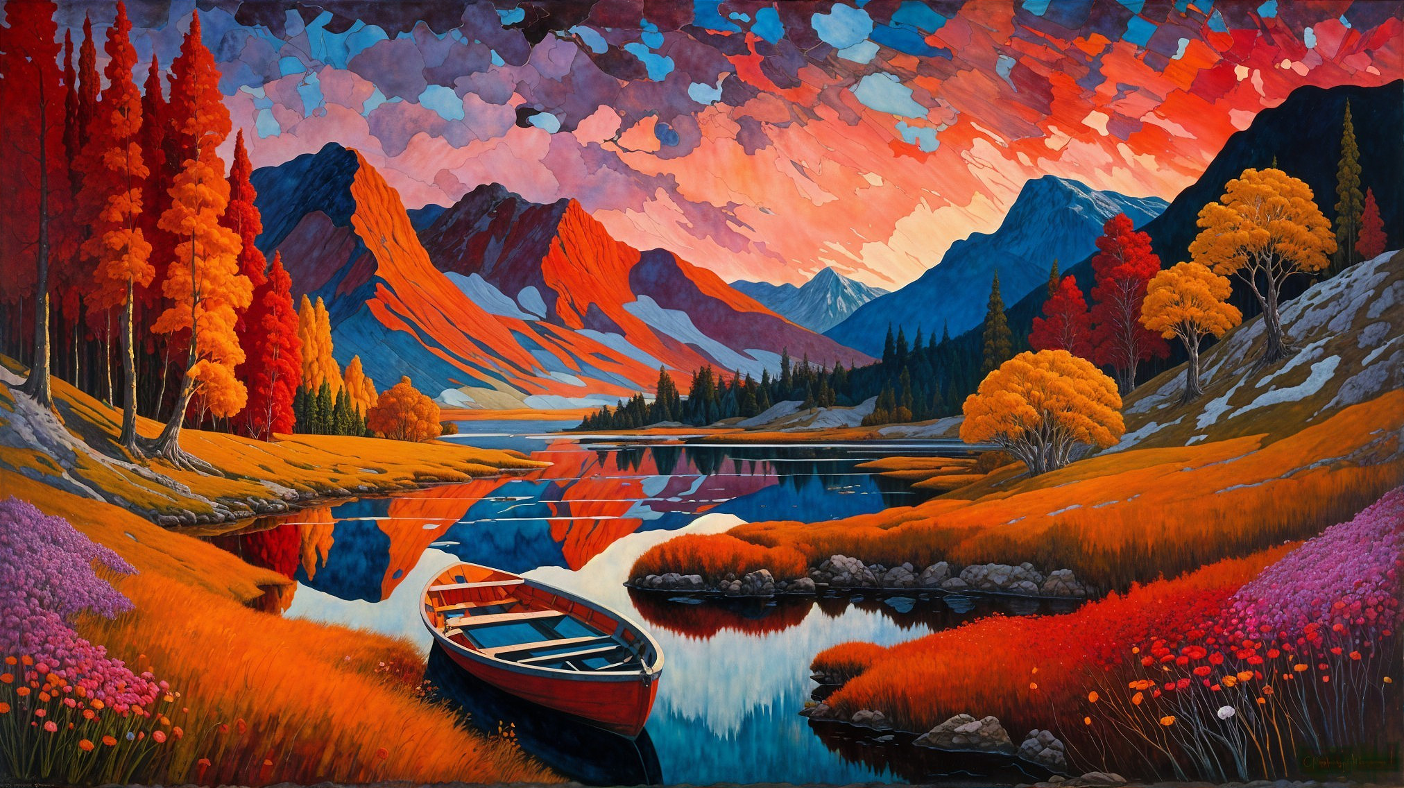 Vibrant Landscape of Lake and Mountains at Sunset