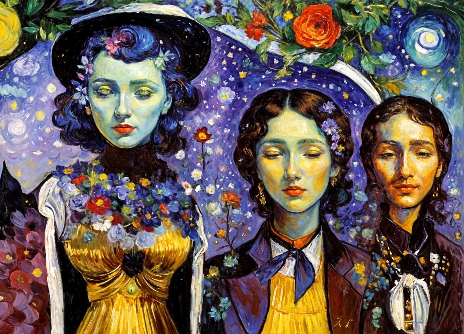 Three Women in Vibrant Clothing Against Starry Sky