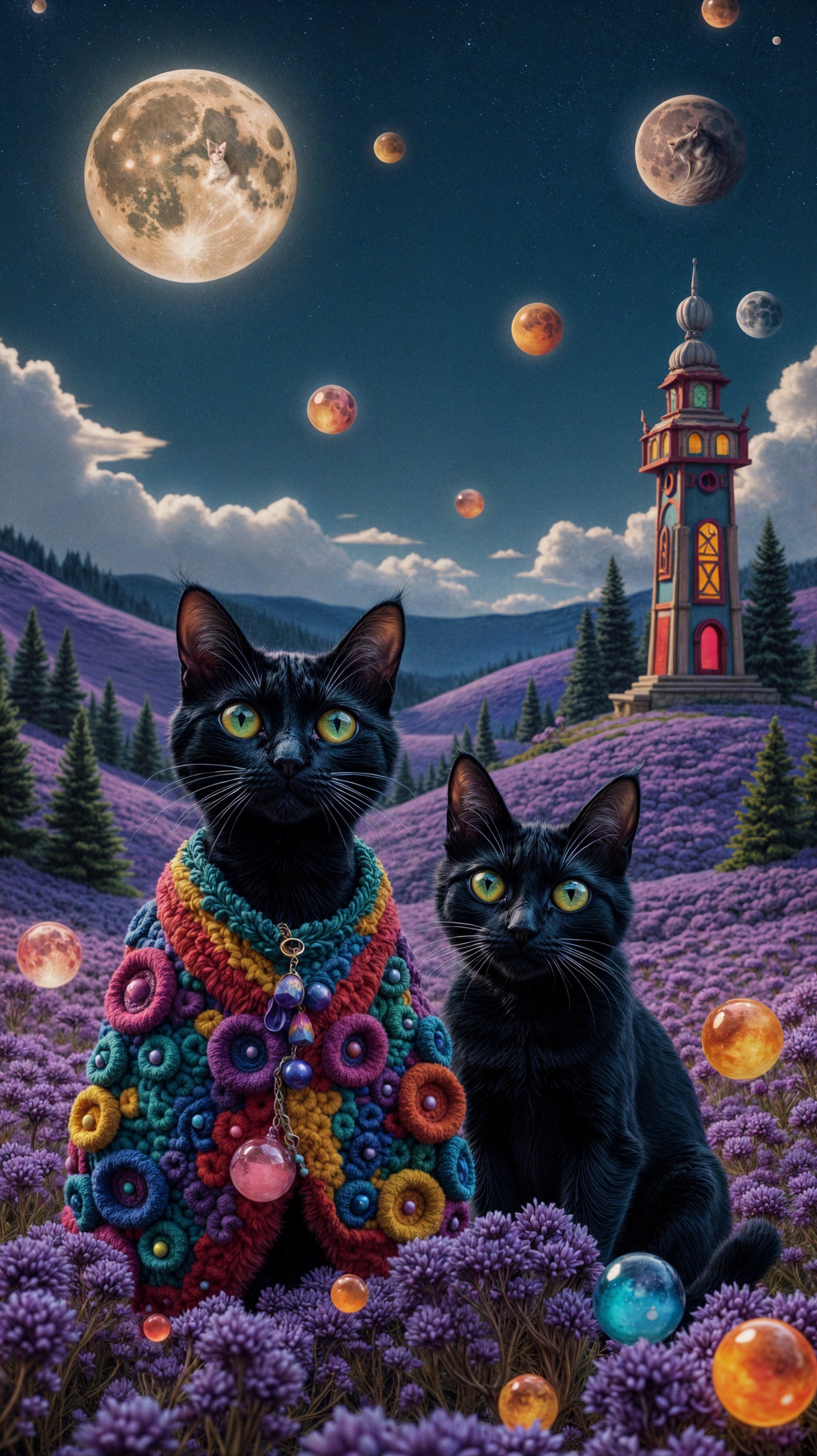 Lavender Fields with Black Cats Under Starry Sky