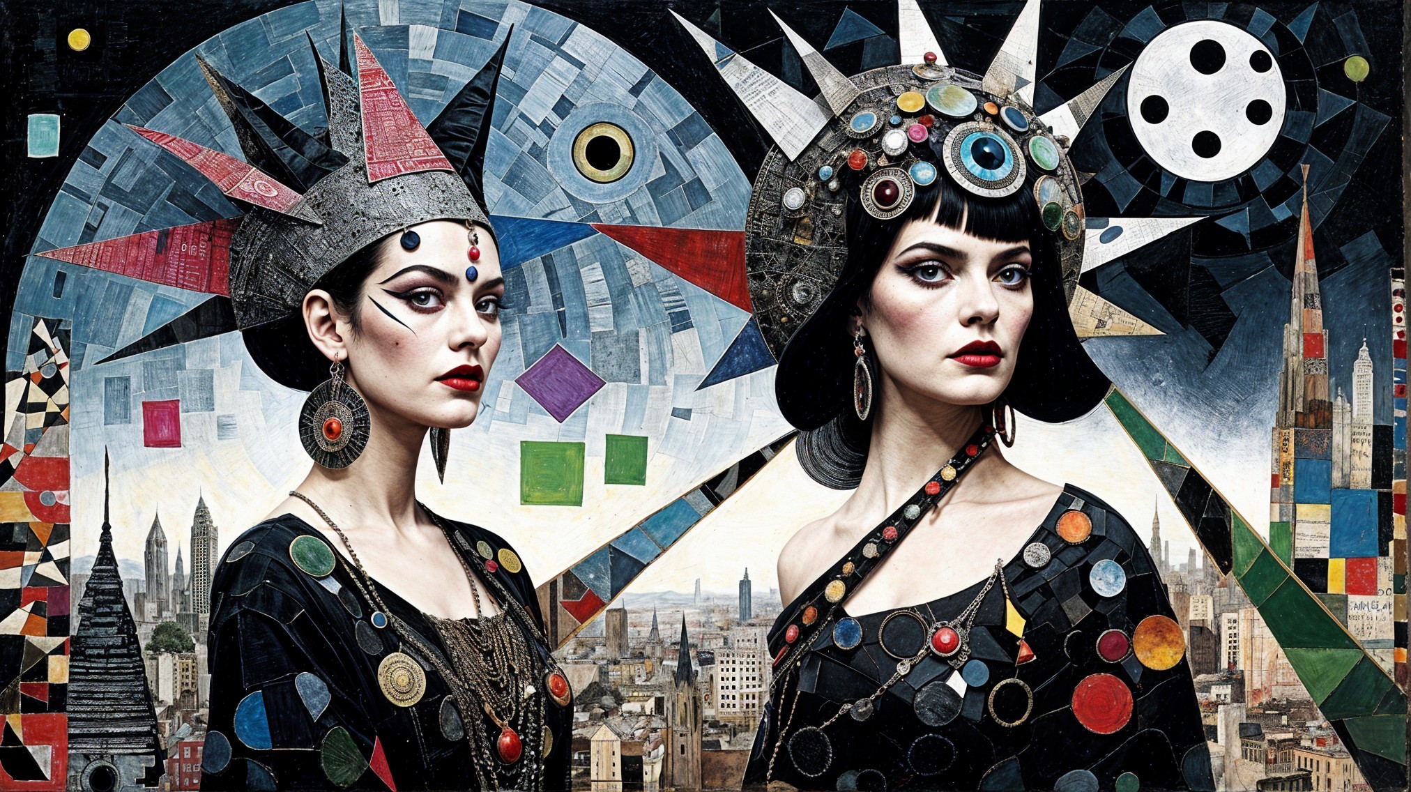 Women in Geometric Costumes Against Abstract Cityscape