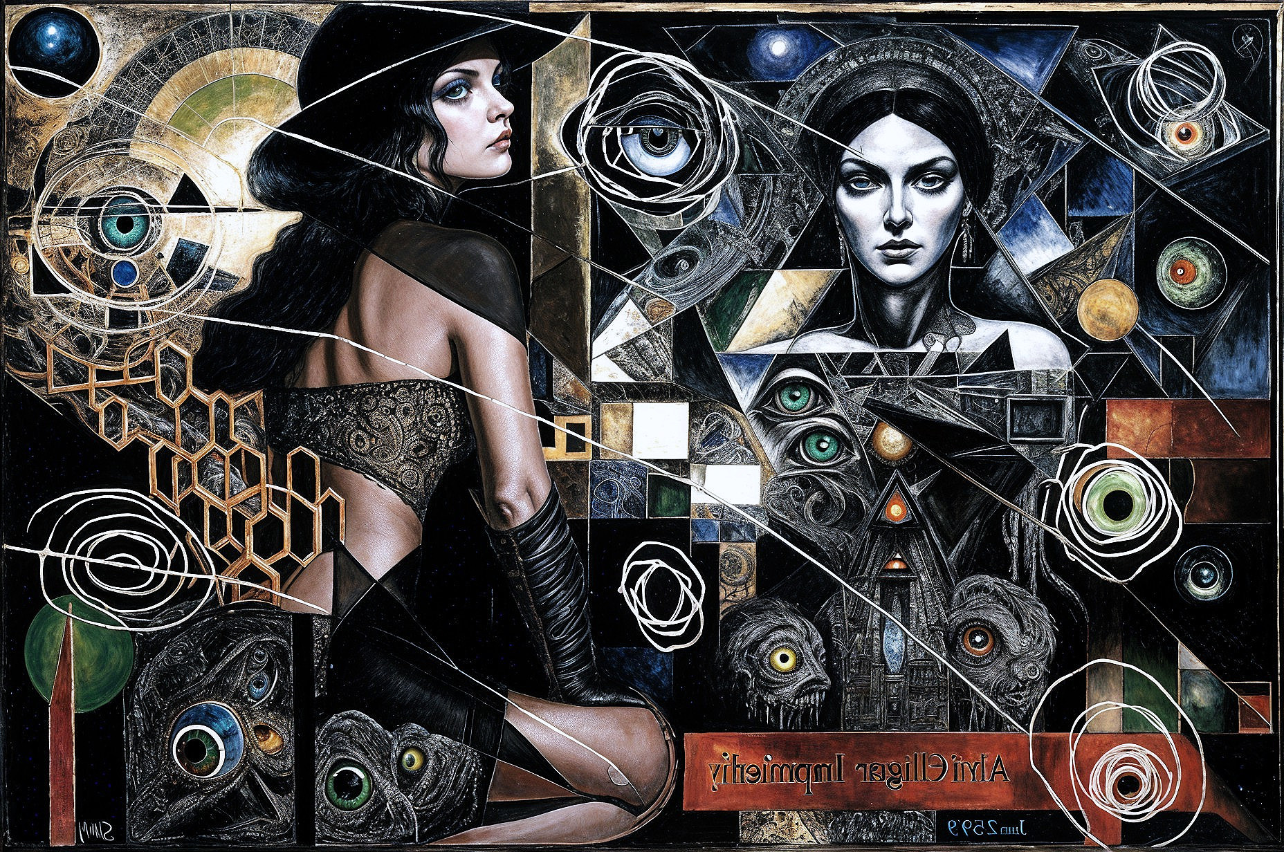 Dynamic Artwork with Mysterious and Serene Figures