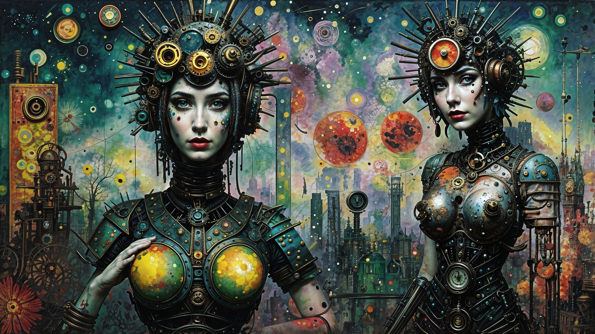 Robotic Figures in Steampunk Style Against Cosmic Backdrop