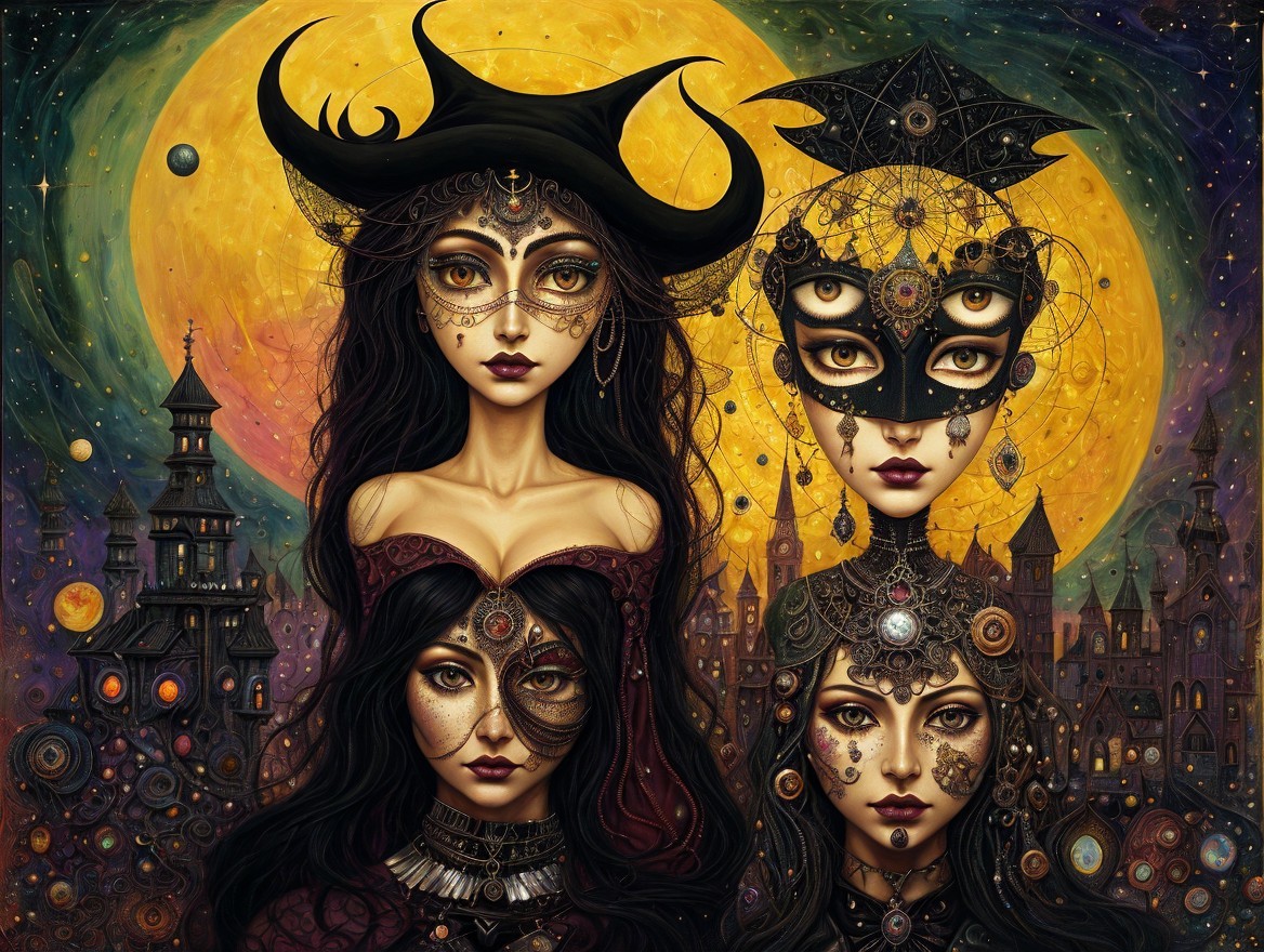 Enigmatic Women Under a Starry Night and Moon