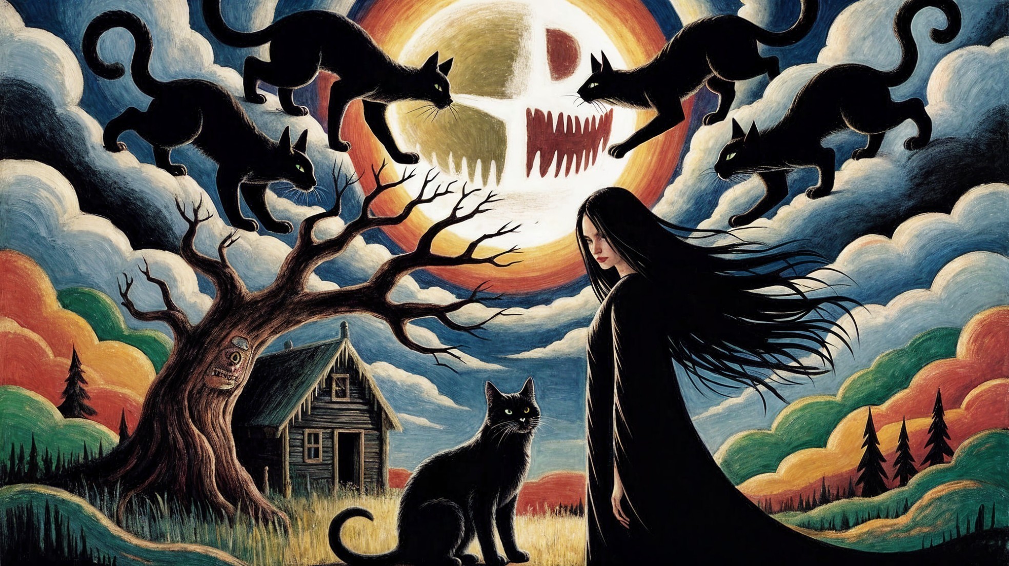Mysterious Scene with Cloaked Figure and Haunted House