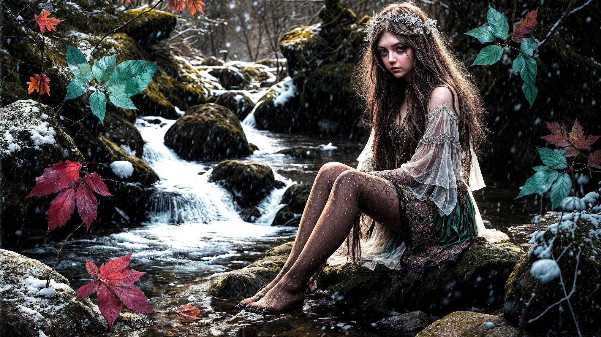 Young Woman by Stream in Autumn Setting