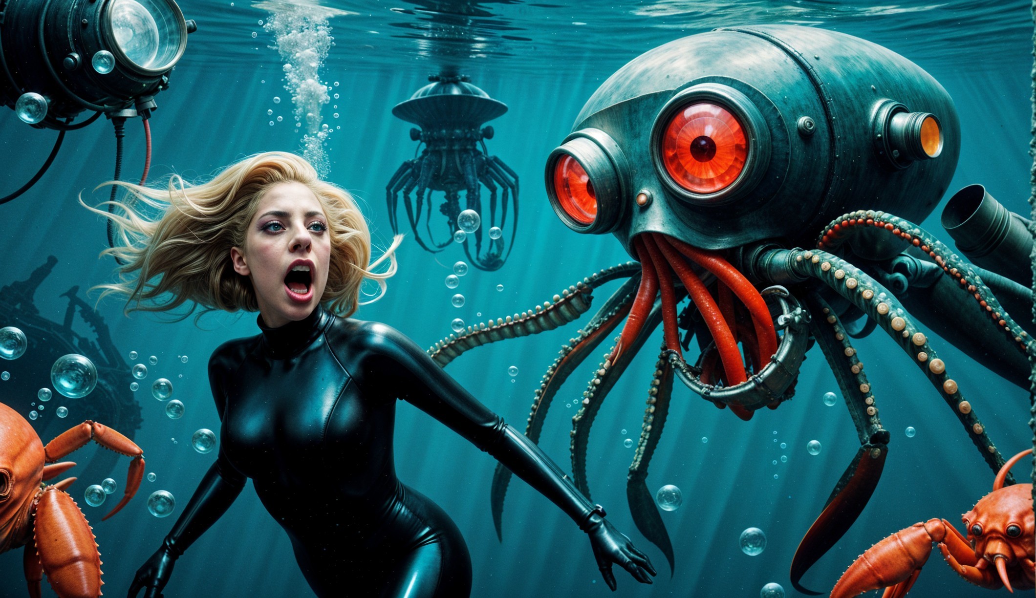 Underwater Scene with Mechanical Creatures and Urgency