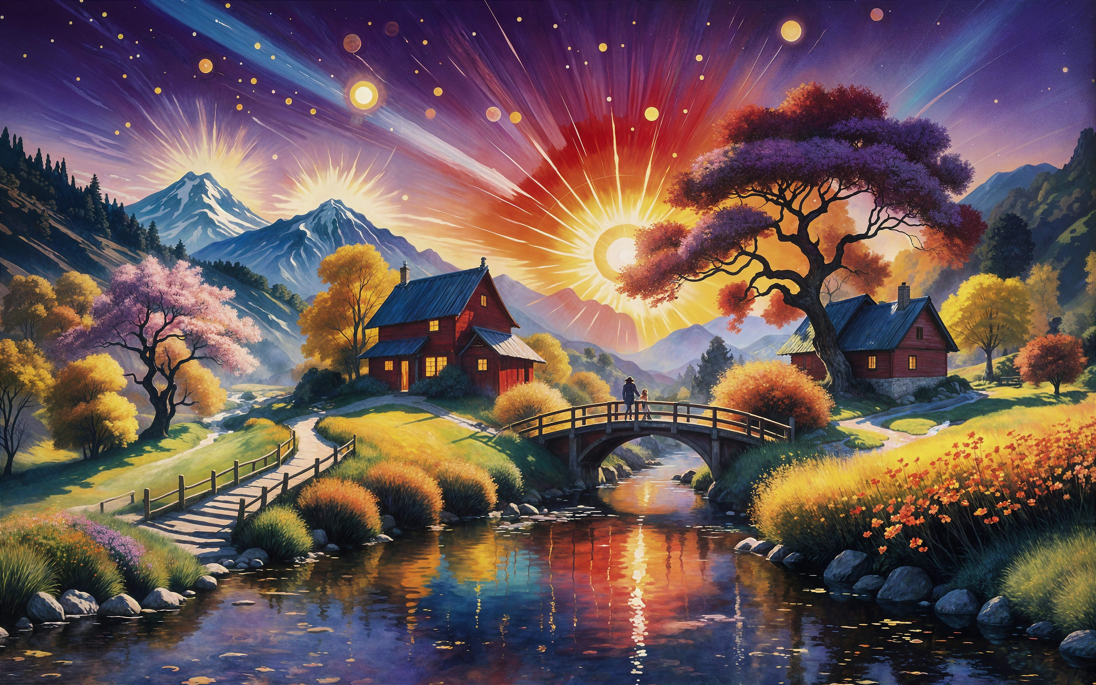 Vibrant Landscape with Houses and Majestic Mountains