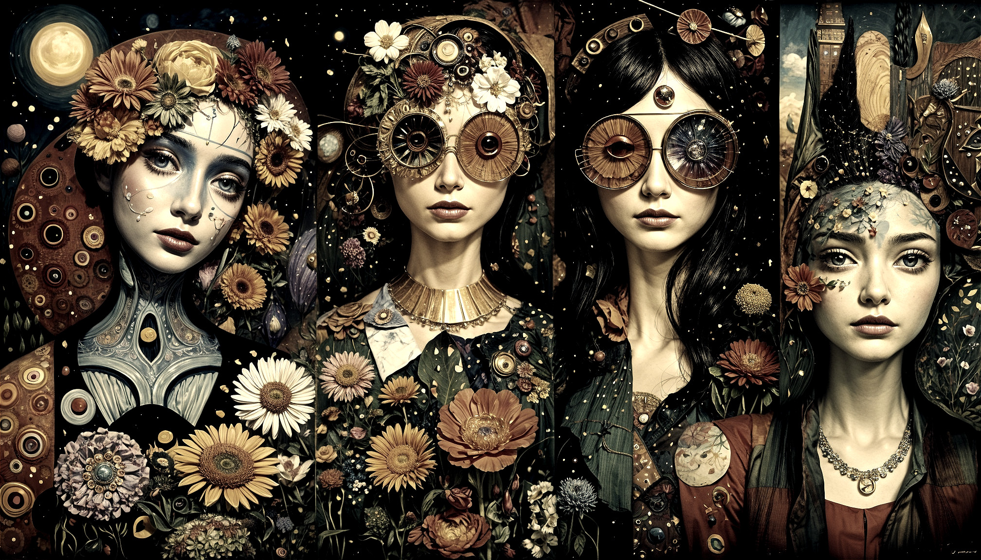 Ethereal Women with Floral Motifs and Moonlit Background