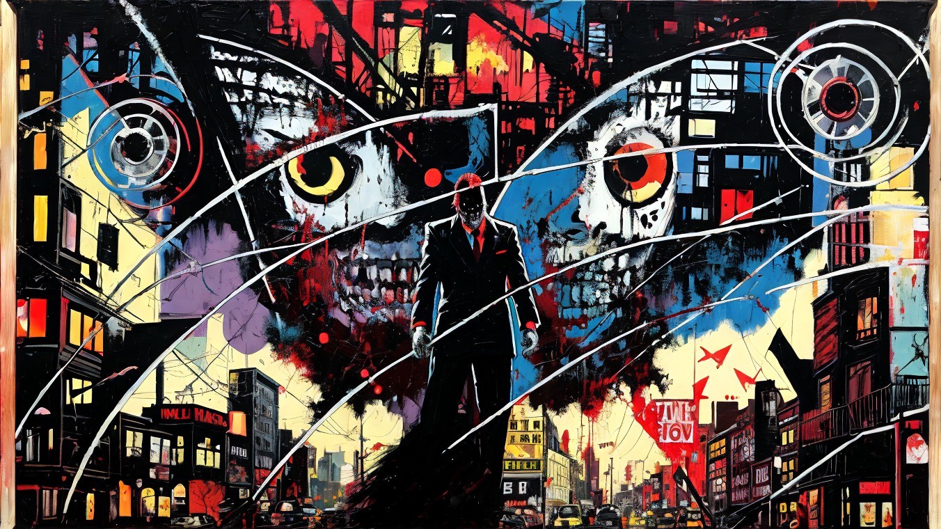 Dramatic Urban Scene with Abstract Patterns and Figures