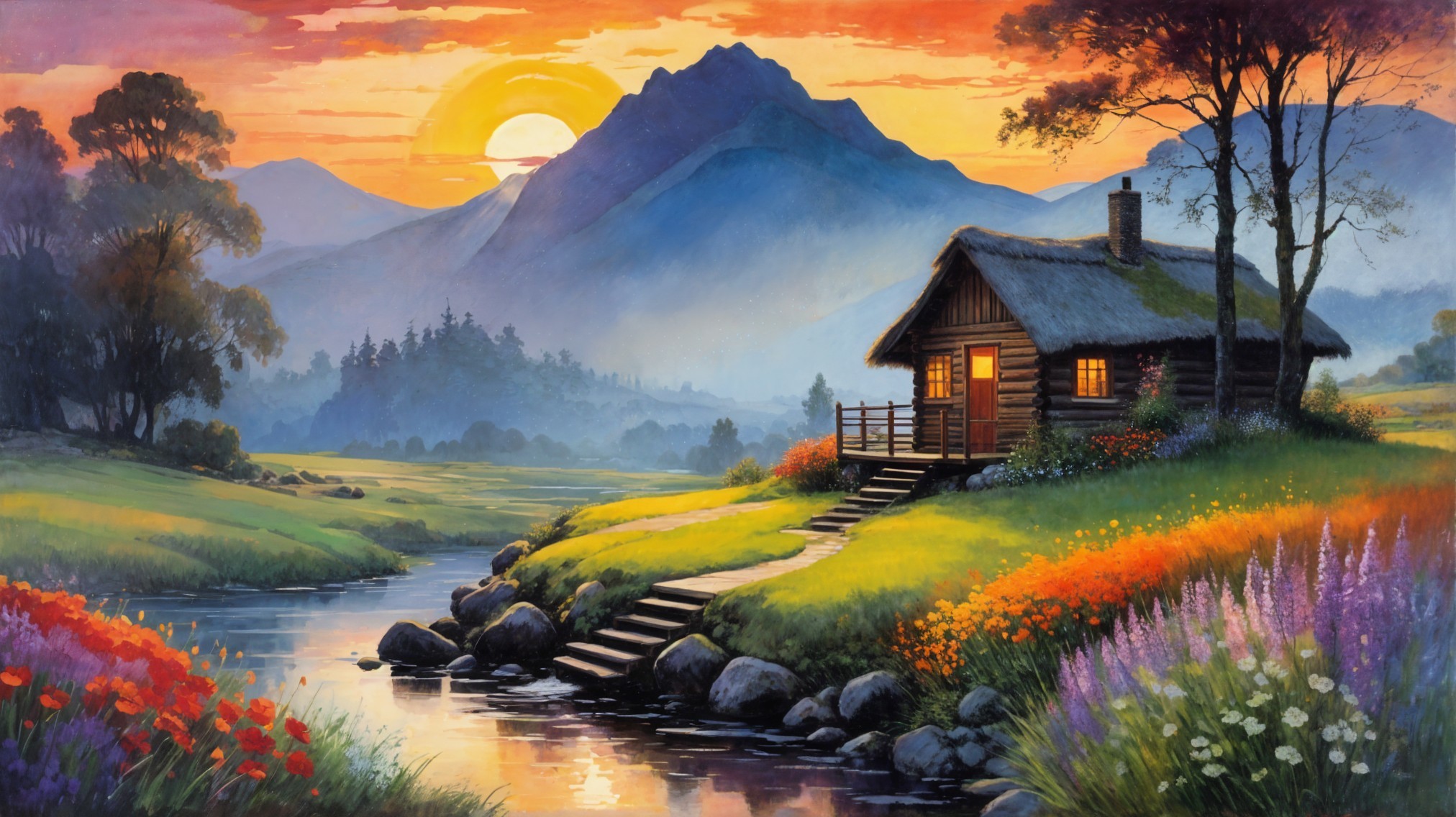 Serene Landscape with Cabin and Vibrant Wildflowers