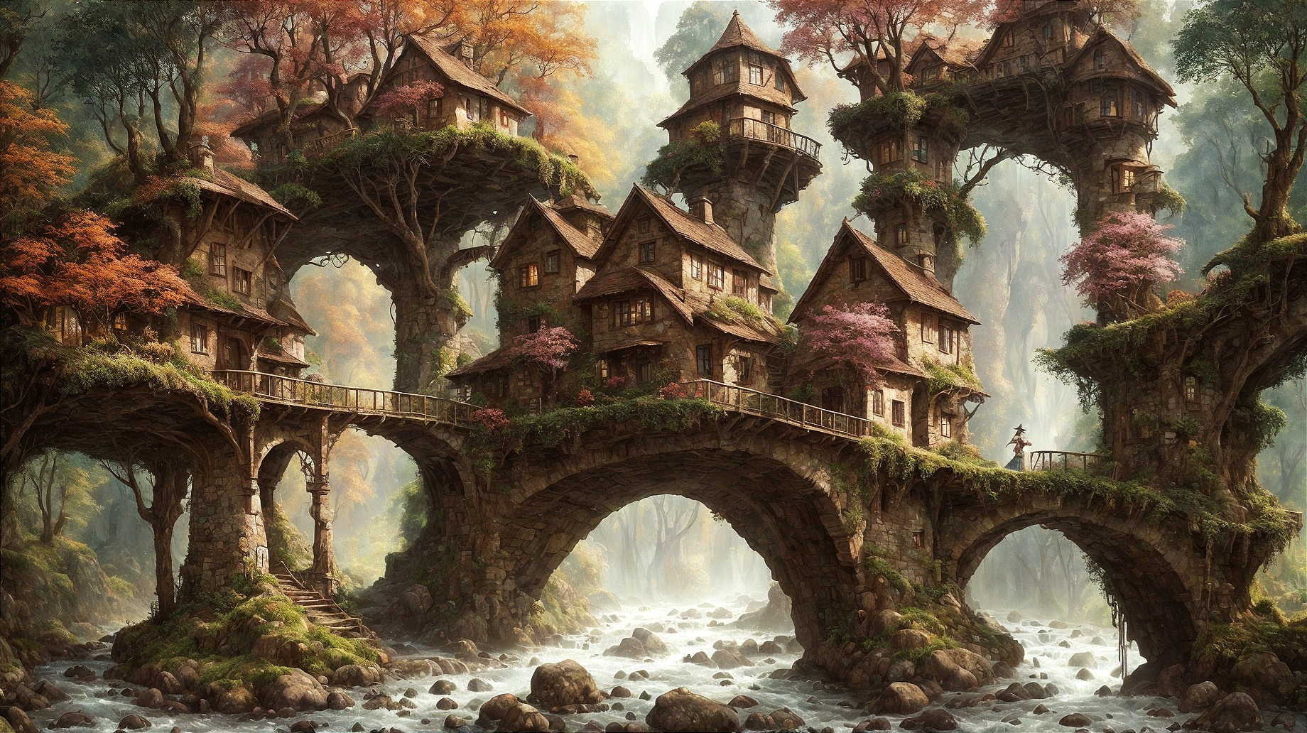 Whimsical Village of Treehouses in Autumn Foliage