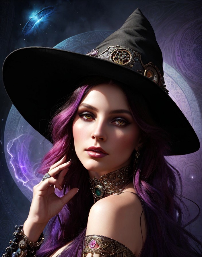 Digital artwork of a woman with violet hair and hat