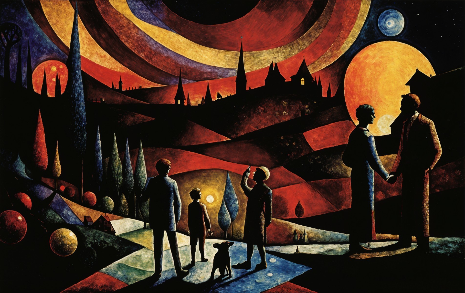 Vibrant Abstract Landscape with Silhouettes and Hills