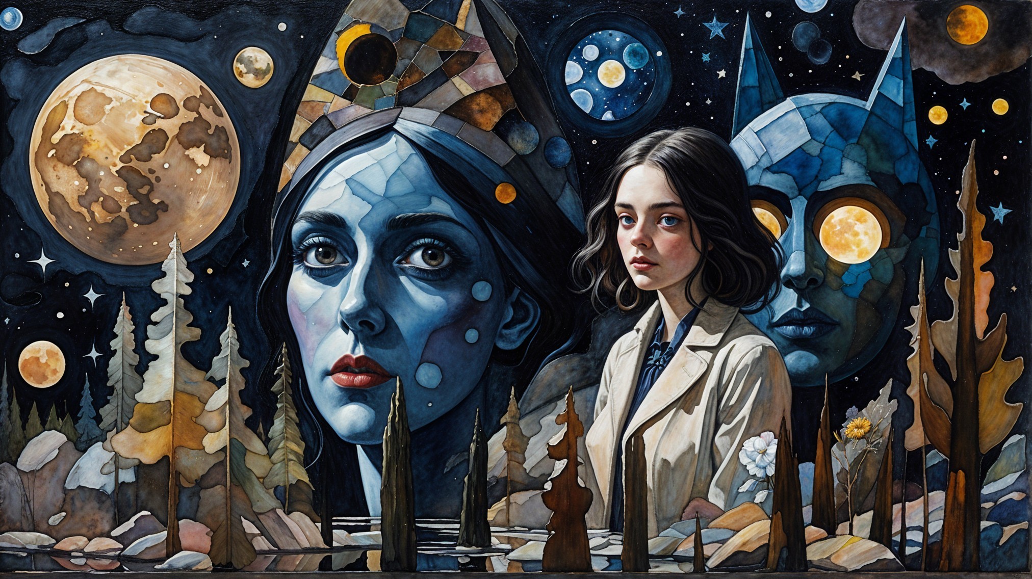 Surreal Artwork with Cosmic Backdrop and Figures