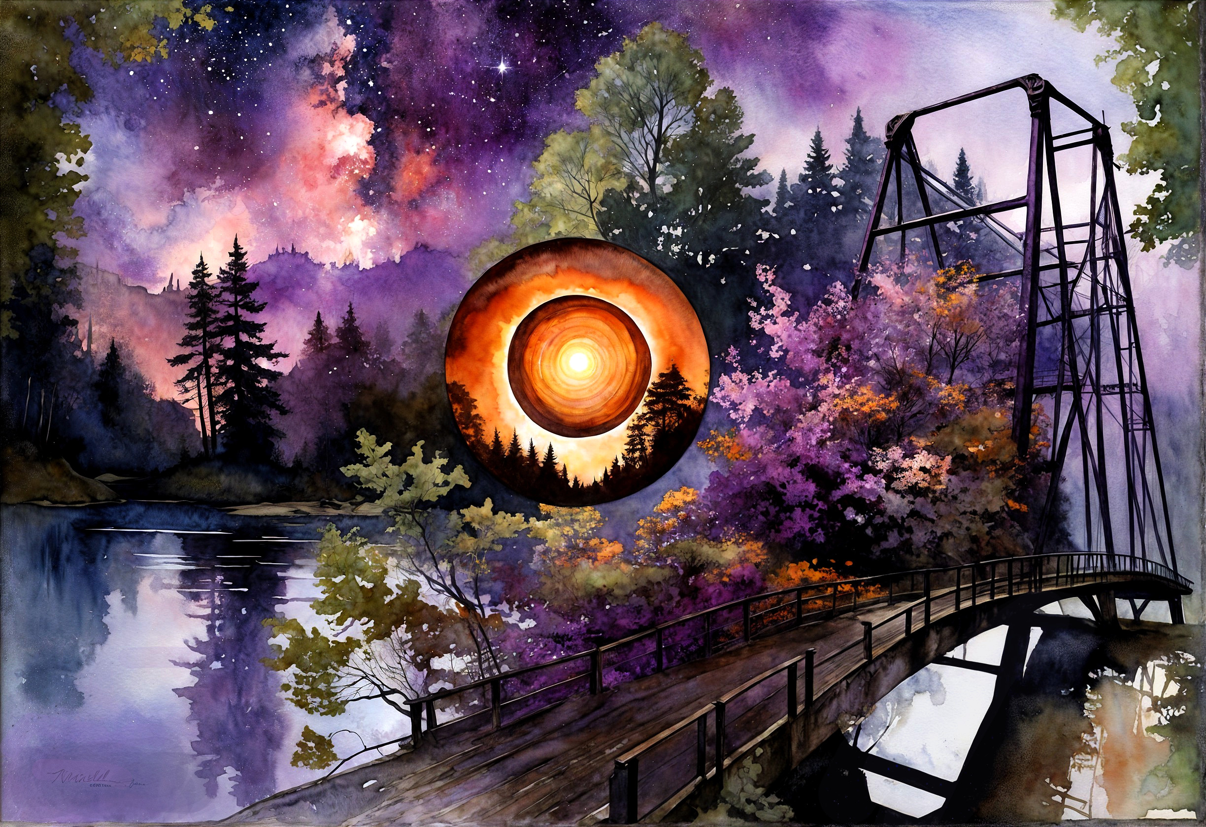 Tranquil Lake Landscape with Rustic Bridge at Night