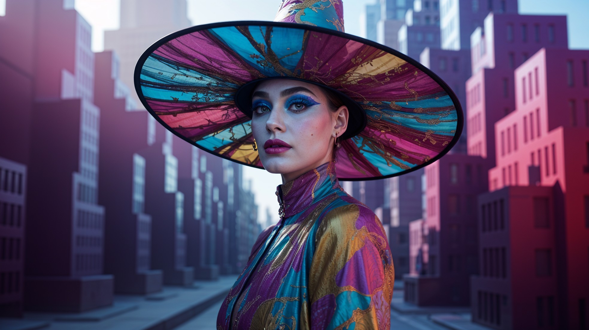 Confident Woman in Colorful Hat Against Urban Landscape