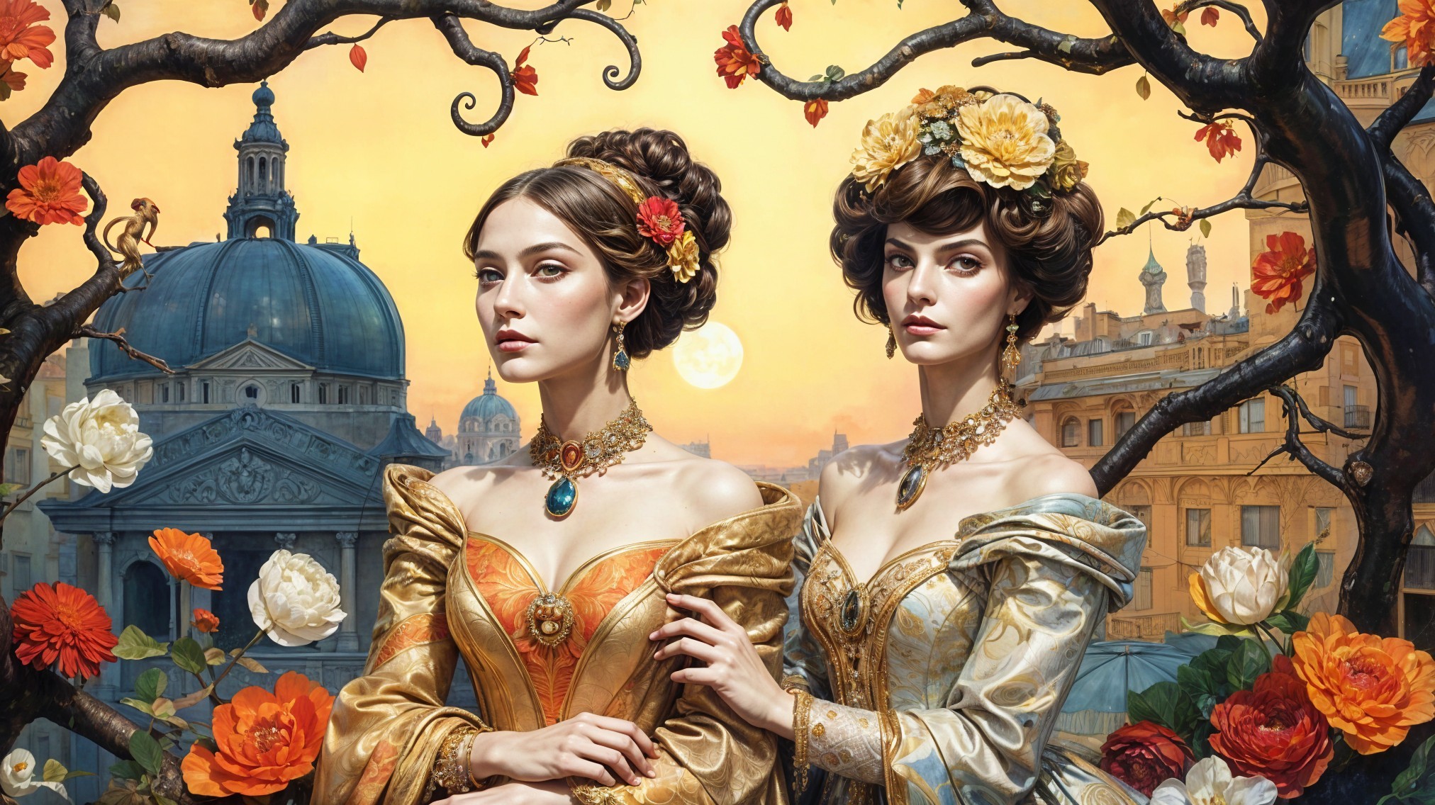 Elegant Women in Opulent Gowns Against Sunset Cityscape
