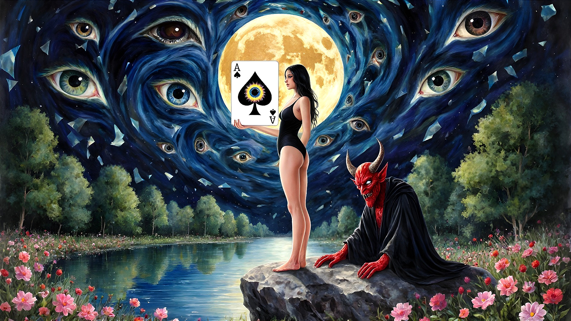Surreal Landscape with Woman, Lake, and Crimson Figure