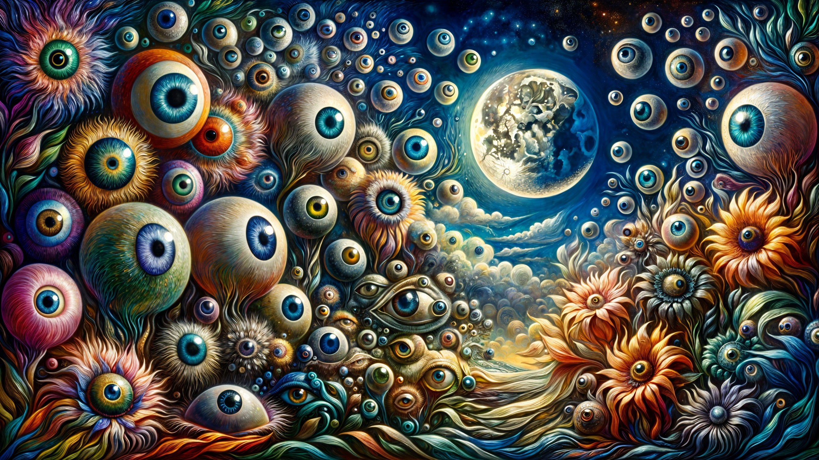 Surreal Landscape with Colorful Eyes and Flowers