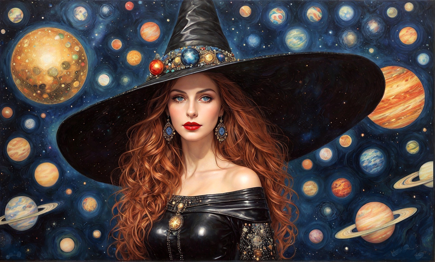 Witch with Red Hair in Cosmic Backdrop and Black Dress