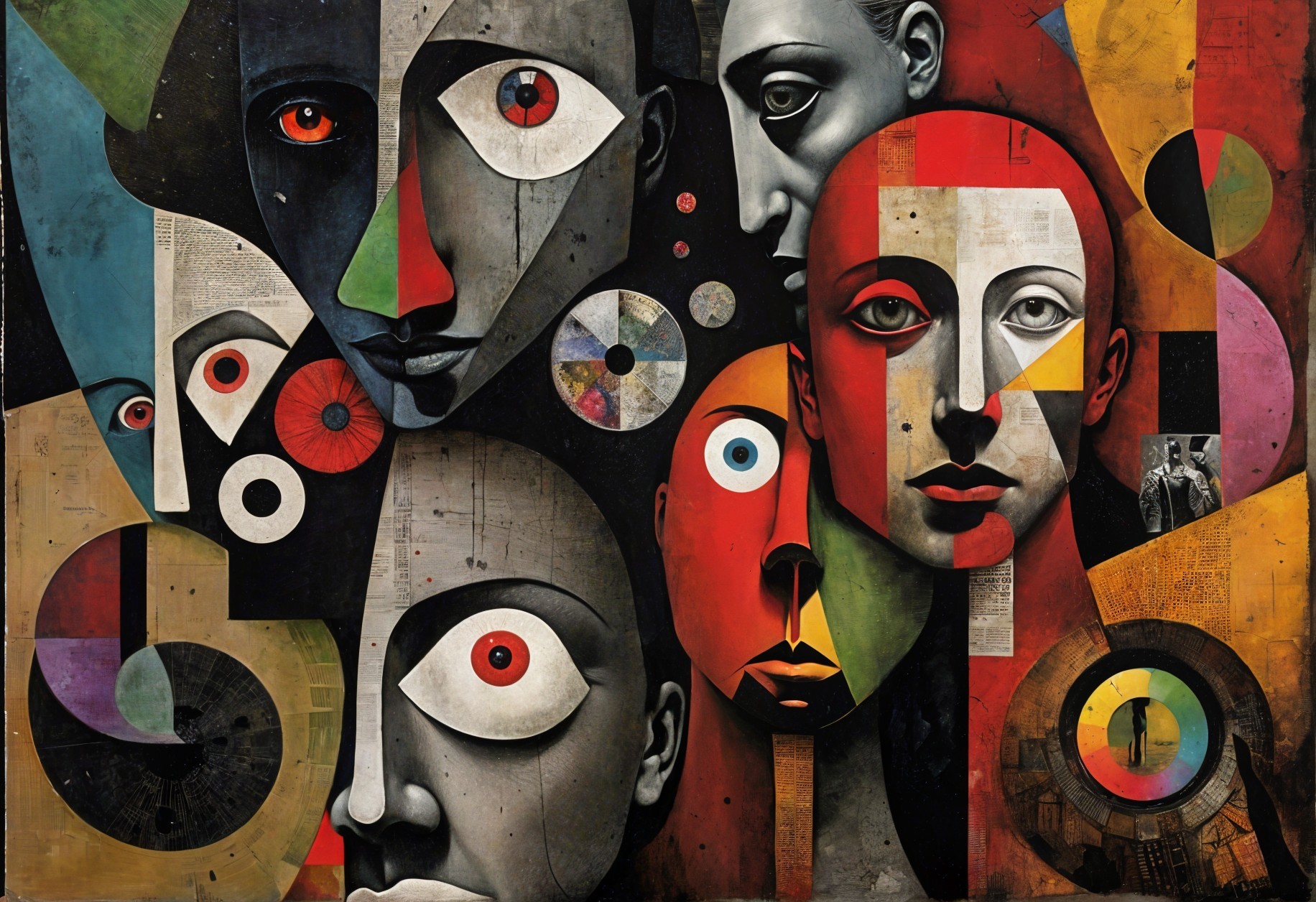 Abstract Human Faces Collage in Bold Colors and Shapes