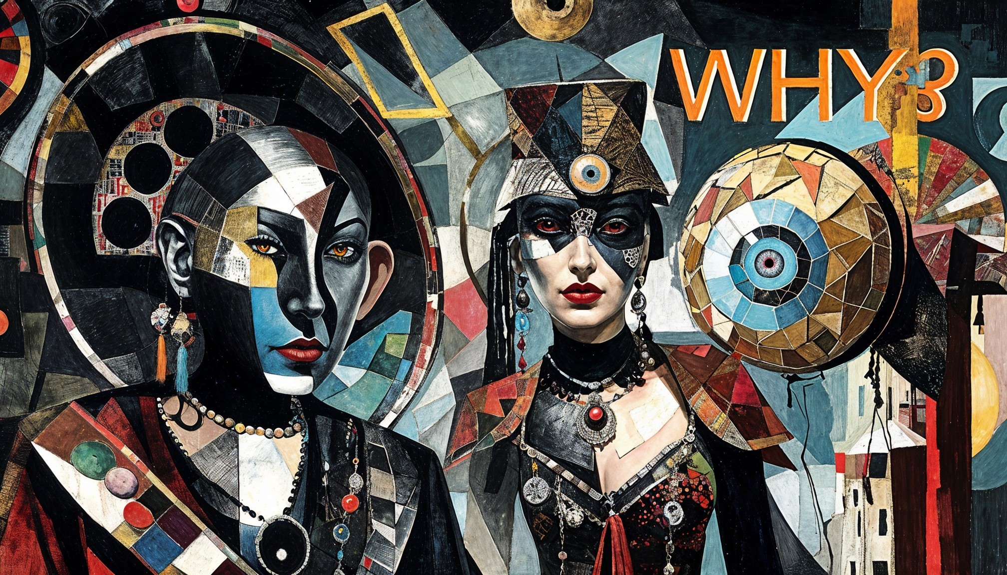 Intricate Figures in Colorful Attire with Symbolism