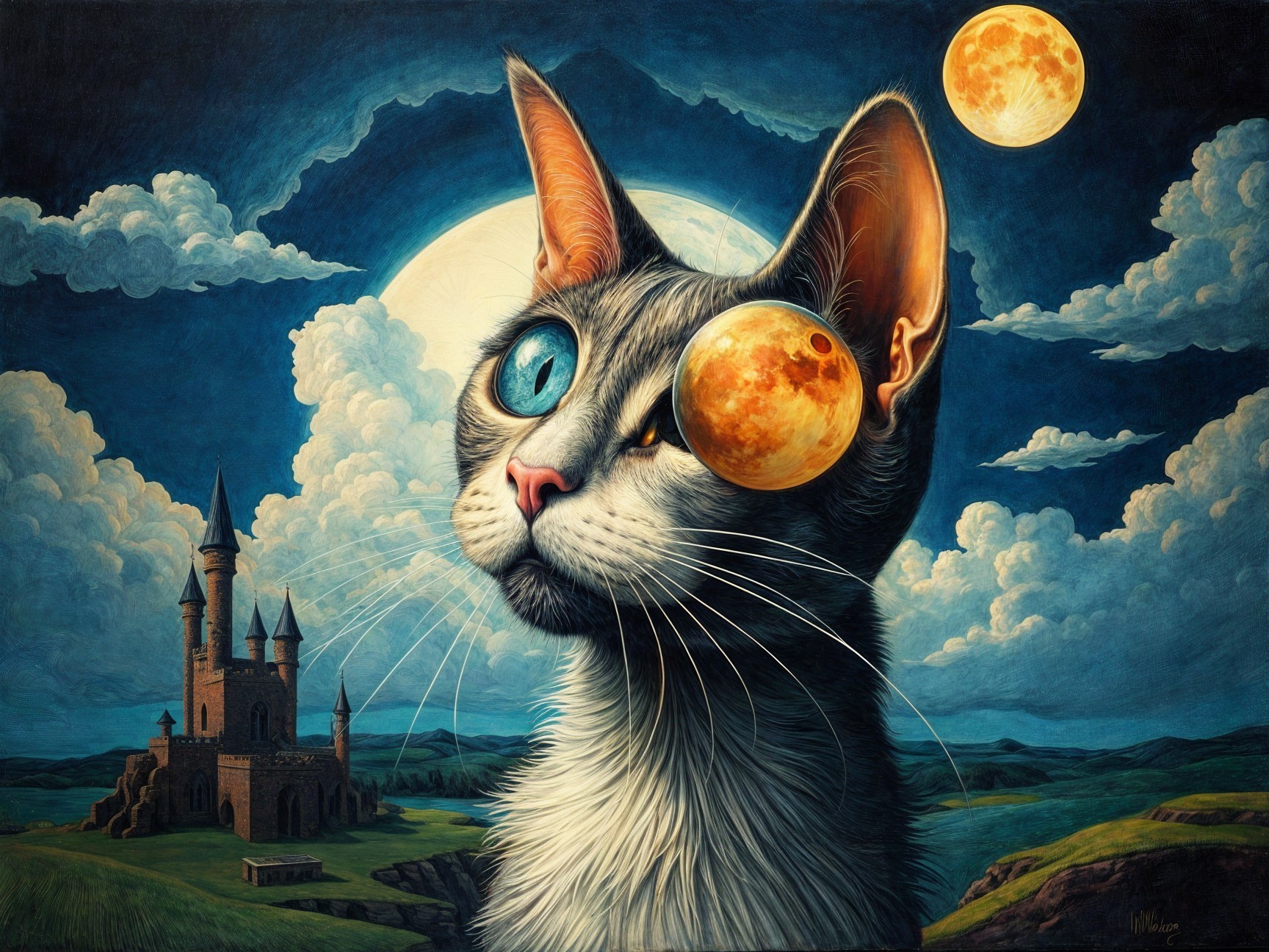 Surreal Cat with Planet Eye in Dreamlike Night Scene