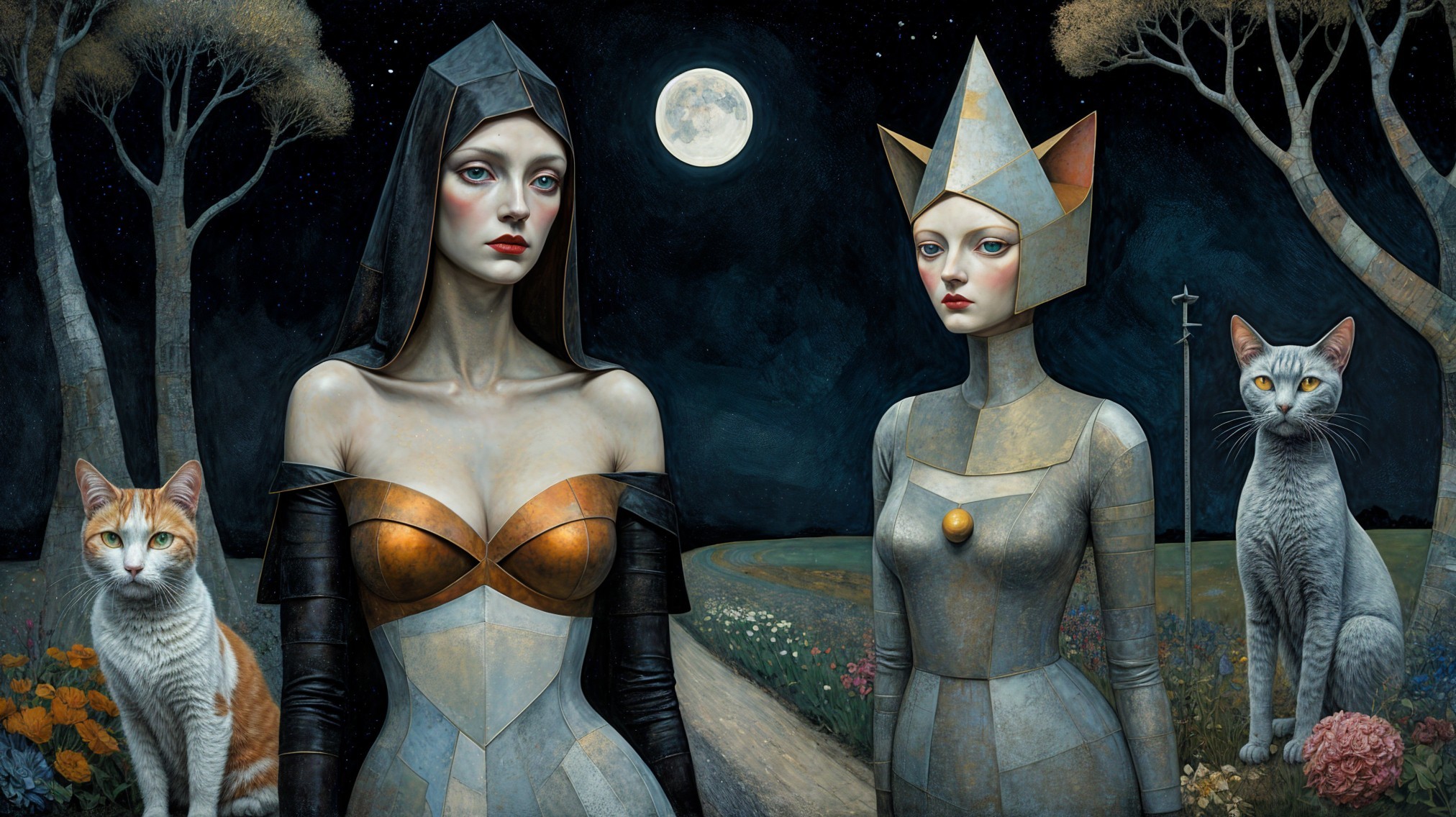 Surreal Night Scene with Women, Cats, and Flowers