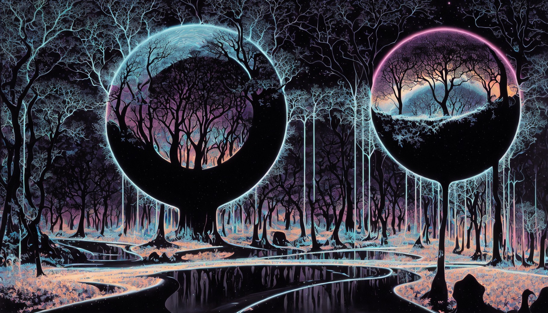 Fantastical landscape with glowing orbs, surreal river, and shadowy figure