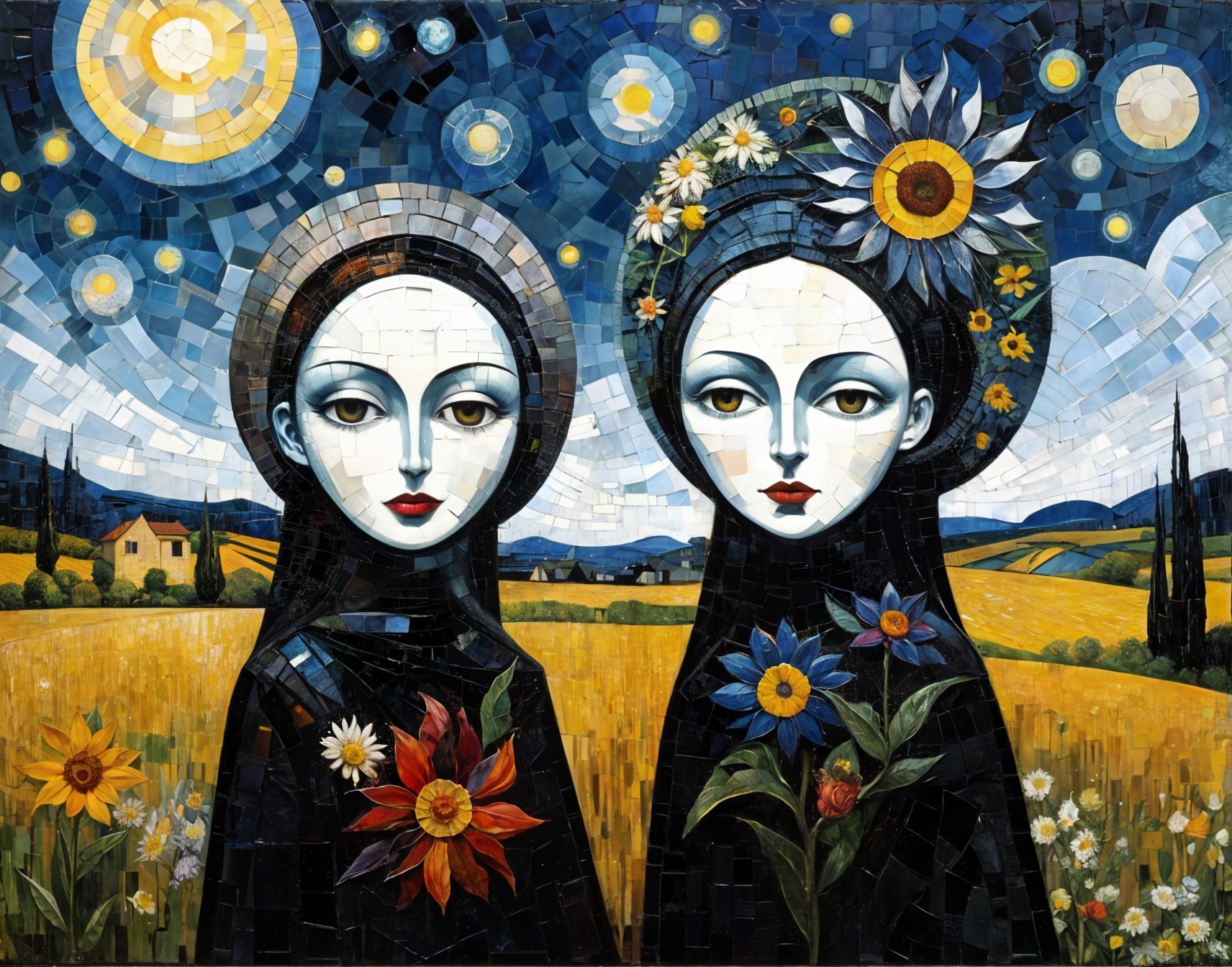 Stylized Women Against Starry Night Sky and Landscape