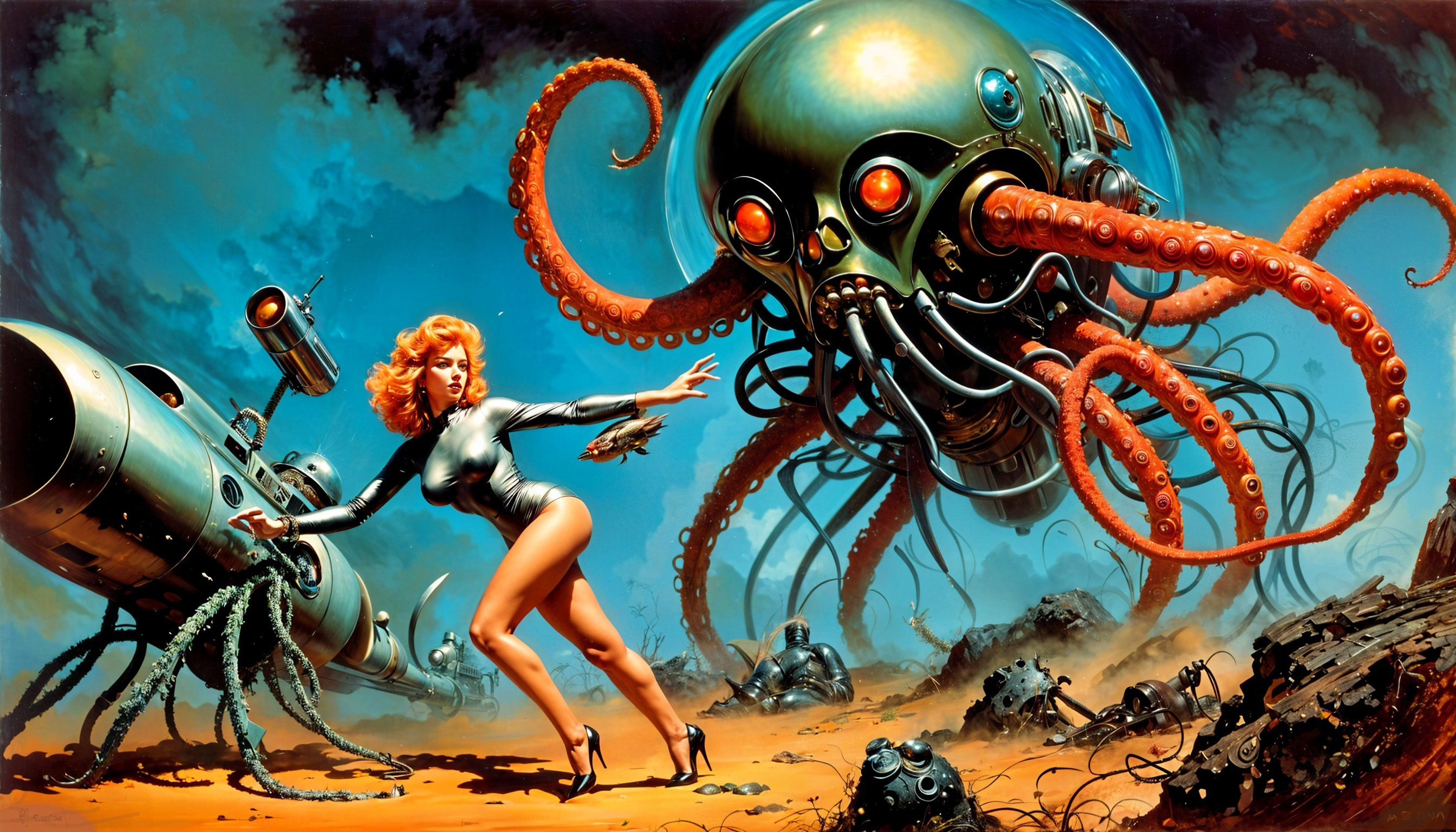 Futuristic Woman Faces Giant Mechanical Octopus Creature