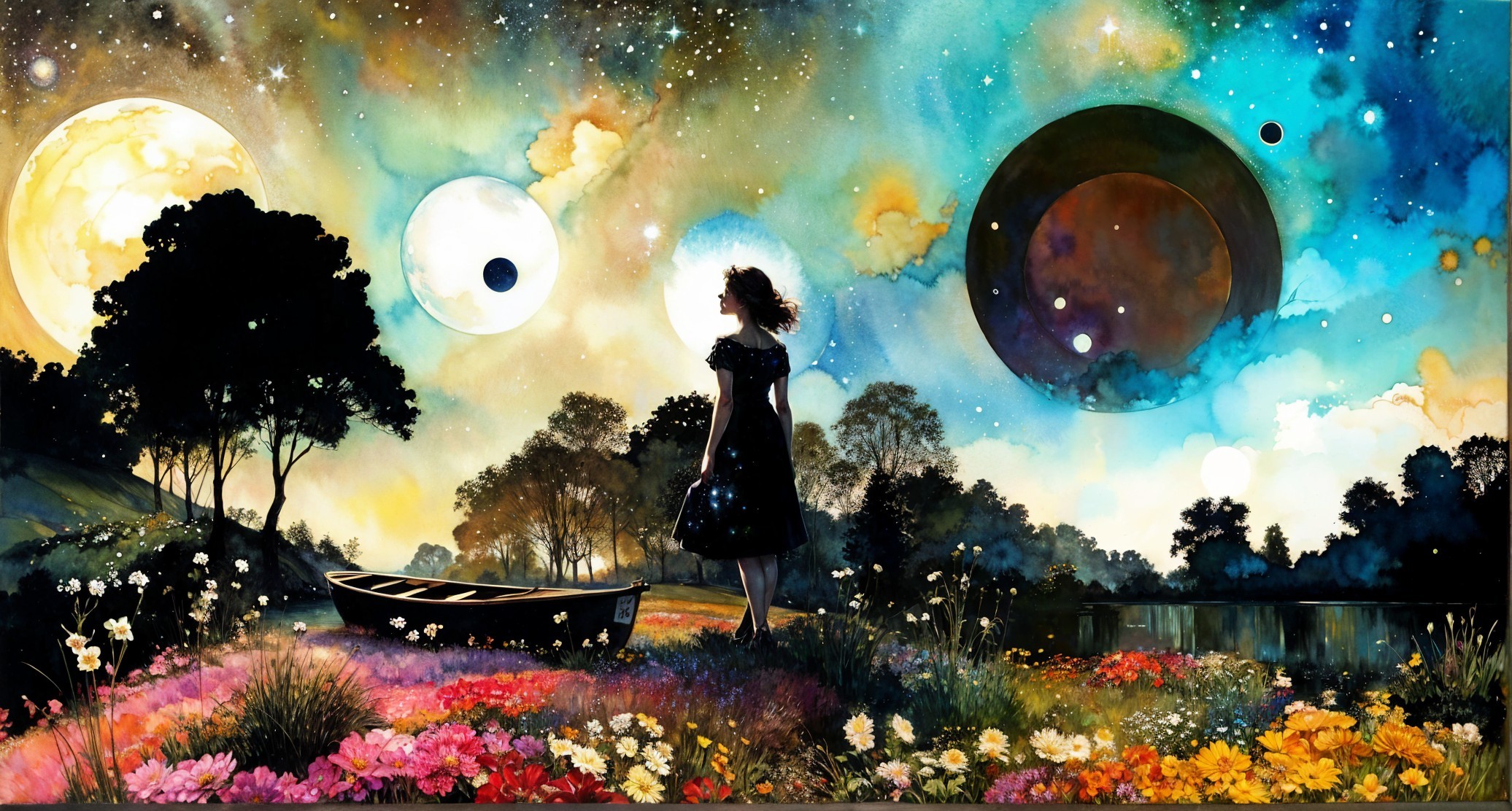 Colorful Landscape with Woman by Tranquil Lake